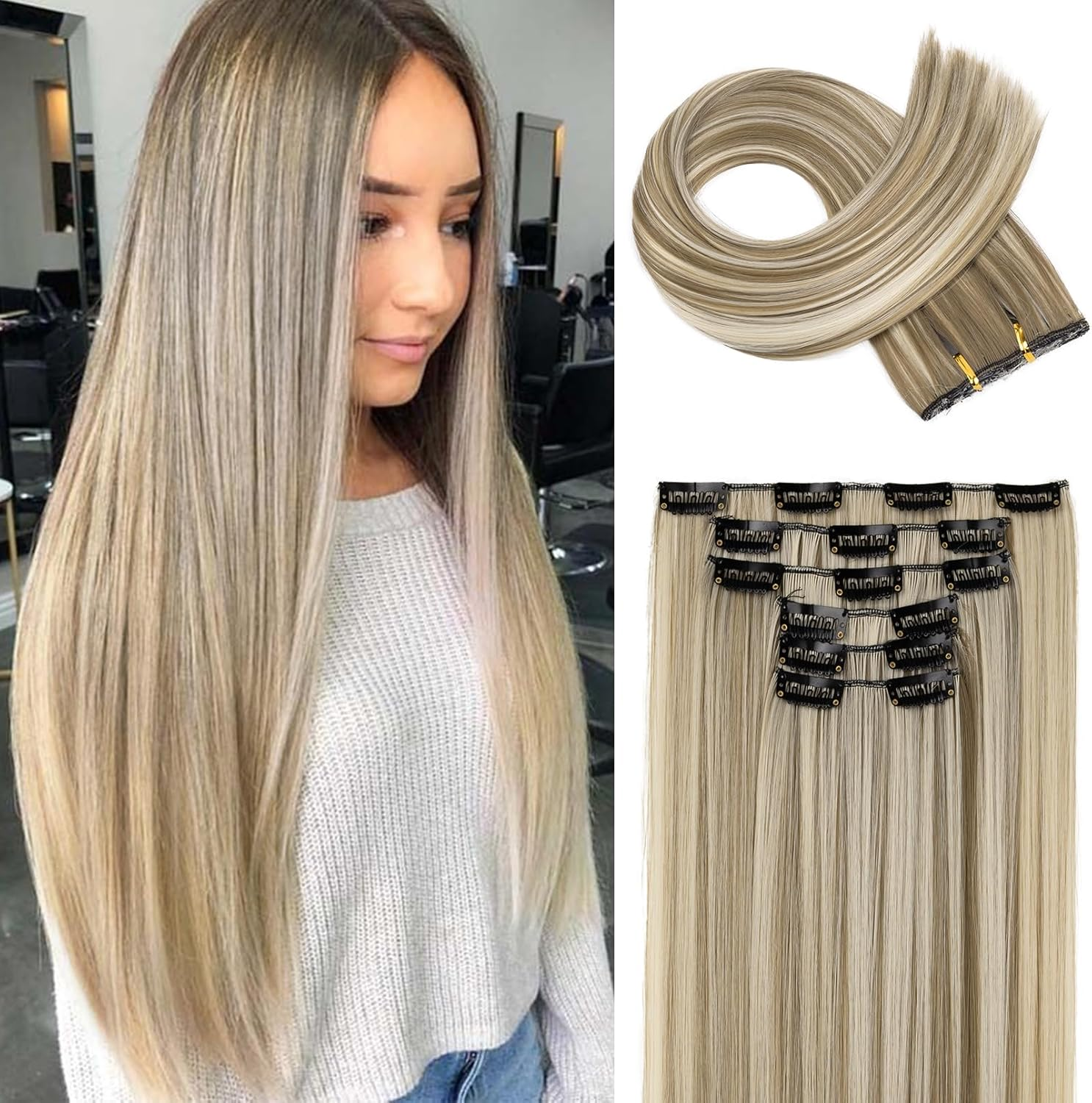 FLUFYMOOZ 6PC Clip in Hair Extensions 24" Straight Long Extensions for Women Synthetic Hairpiece (Ash Blonde)