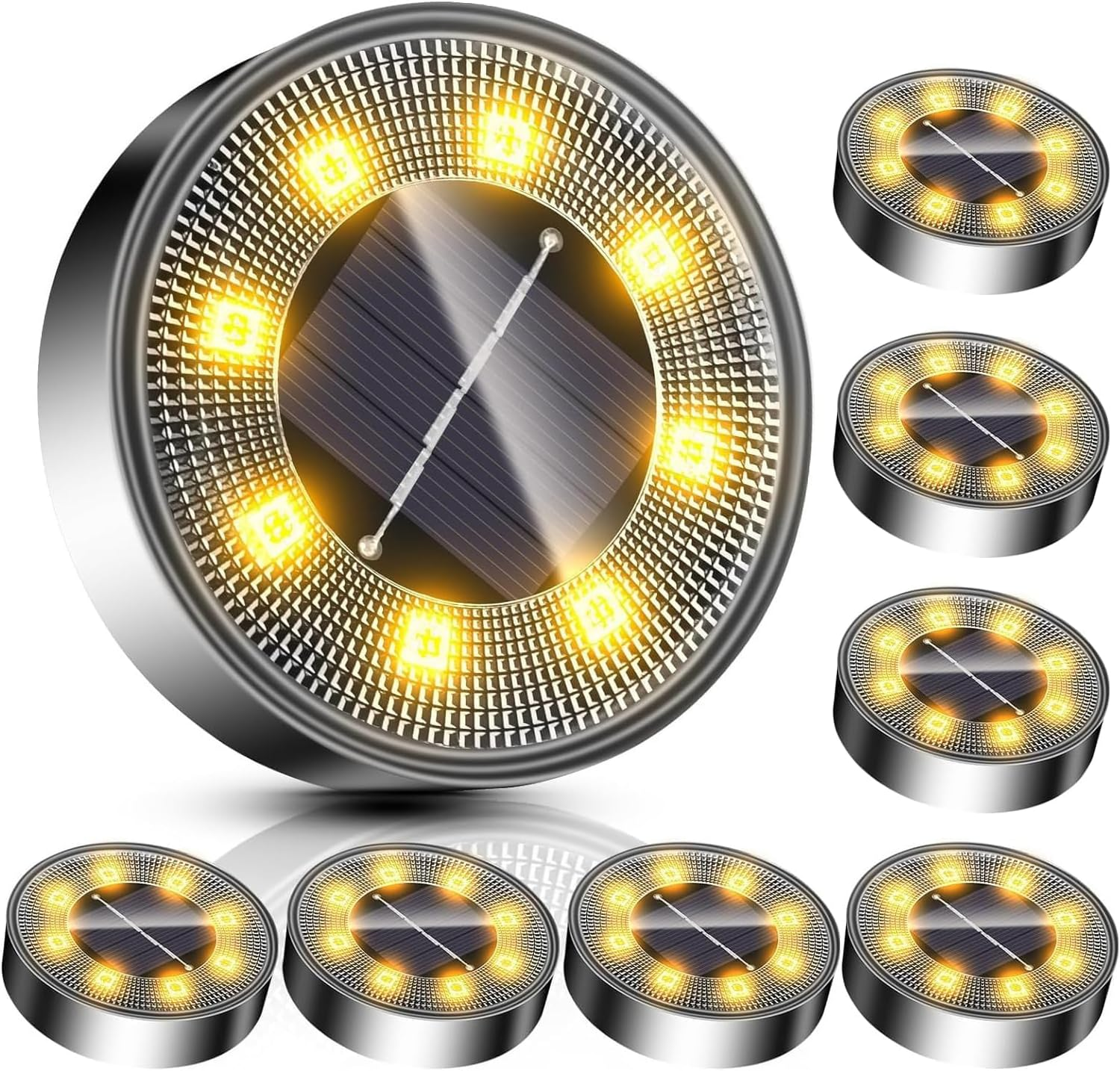Solar Light Outdoor Ground 8Pcs 8 Leds Stainless Steel Disk Lamp IP68 Waterproof Wireless with Spike, for Path Gargen Landscape Lighting (Warm Light) image number 2