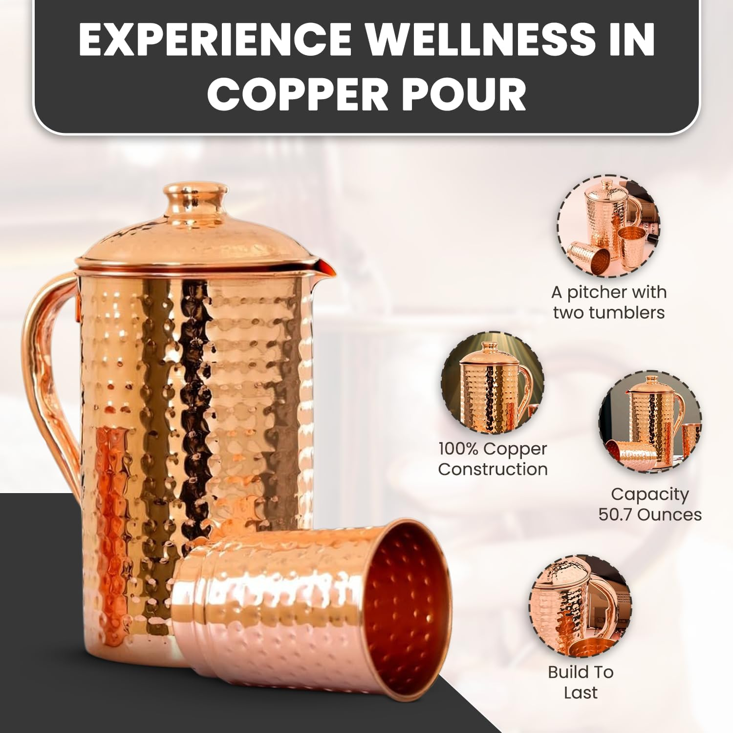2Activelife Handmade Hammered Design Copper Water Pitcher with 2 Copper Cups | Traditional Copper Pitcher for Drinking and Serving Water in Daily Use (50.7 Fl Oz) image number 2