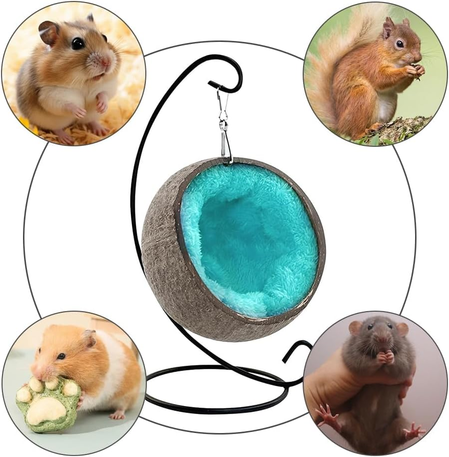 MOTRAIN Coconut Shell Bird Nest House Bed Indoor Golden Pet Kennels Bear, Guinea Pig, Natural and Safe Wooden Swing Climbing Ladder, Stainless Steel Basin Parrot for Home Room Desktop image number 3