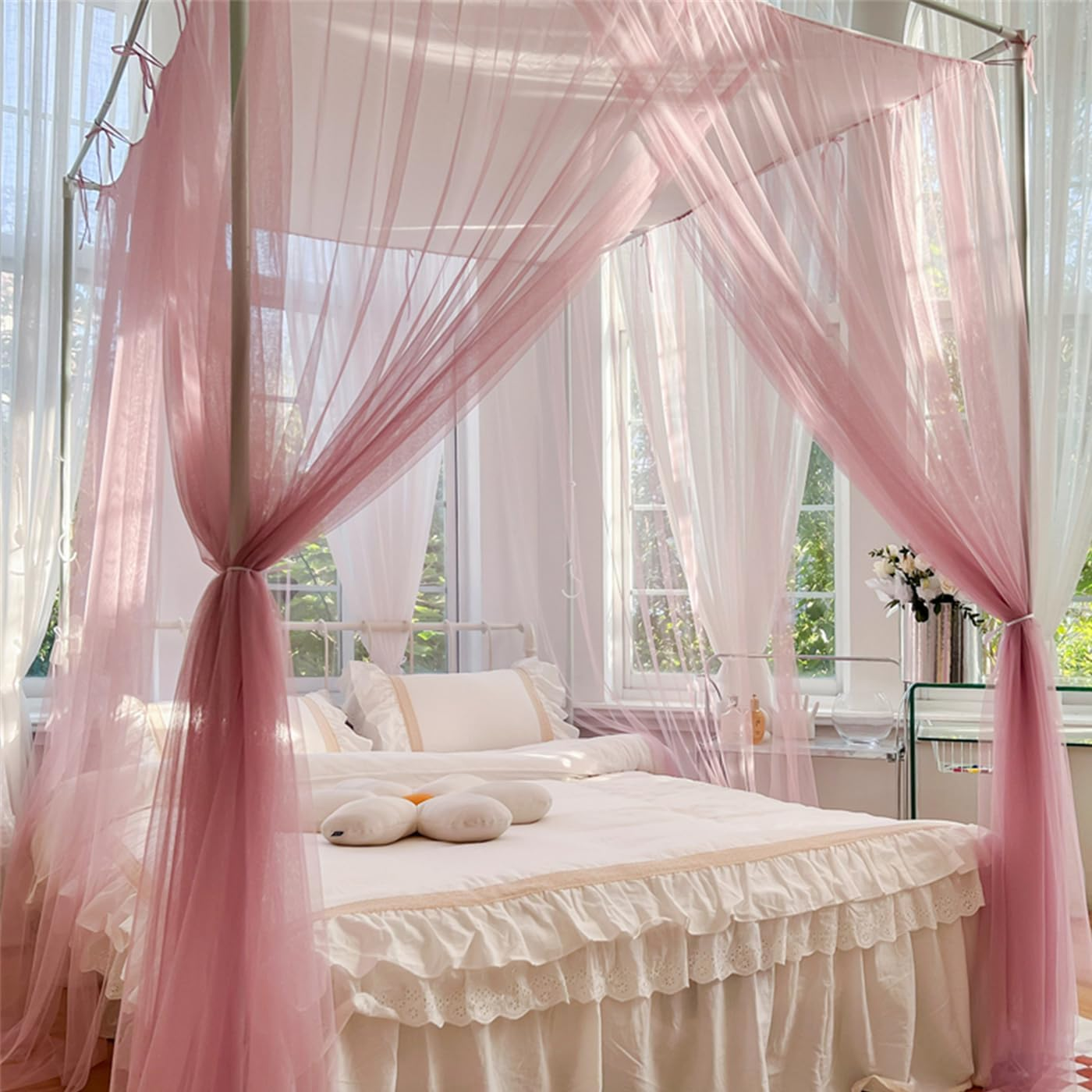 Mosquito Net for Bed Canopy 4 Corners Post, Elegant Square 4 Openings Canopies Bedroom Ceiling Curtains Drapes for Twin/Queen/King Bed Room Decor Wedding Nursery Indoor Outdoor image number 6