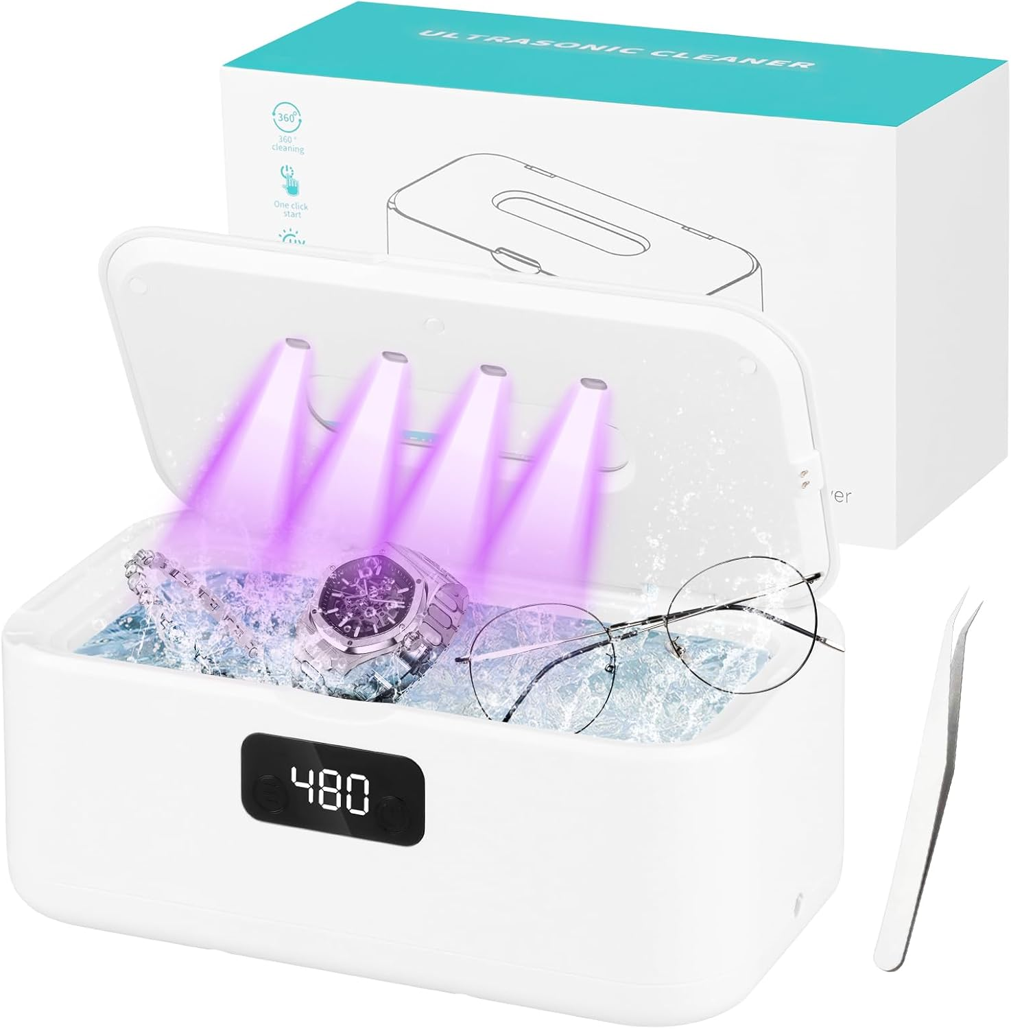 800 Ml Ultrasonic Cleaning Device, 49000Hz U-V Ultrasonic Cleaner with 5 Timer Modes - Glasses Cleaning Device for Deep Cleaning of Jewellery, Glasses, Braces, Prostheses, Coins and Razor Heads-1 image number 5