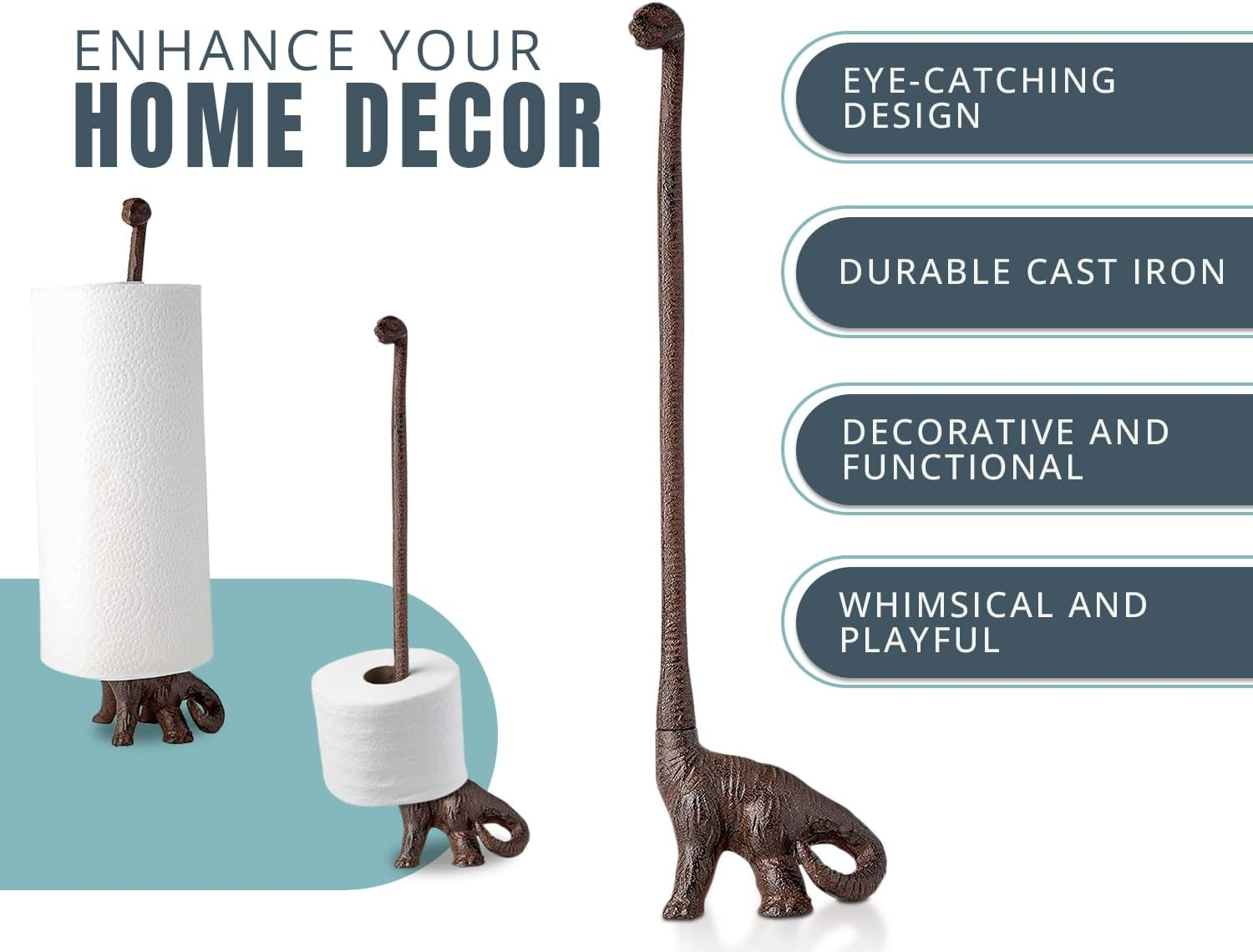 Comfify Paper Towel Holder or Free Standing Toilet Paper Holder- Cast Iron Dinosaur Paper Holder - Bathroom Toilet Paper Holder or Stand up Paper Towel Holder - Rustic Brown W/Vintage Finish By image number 2