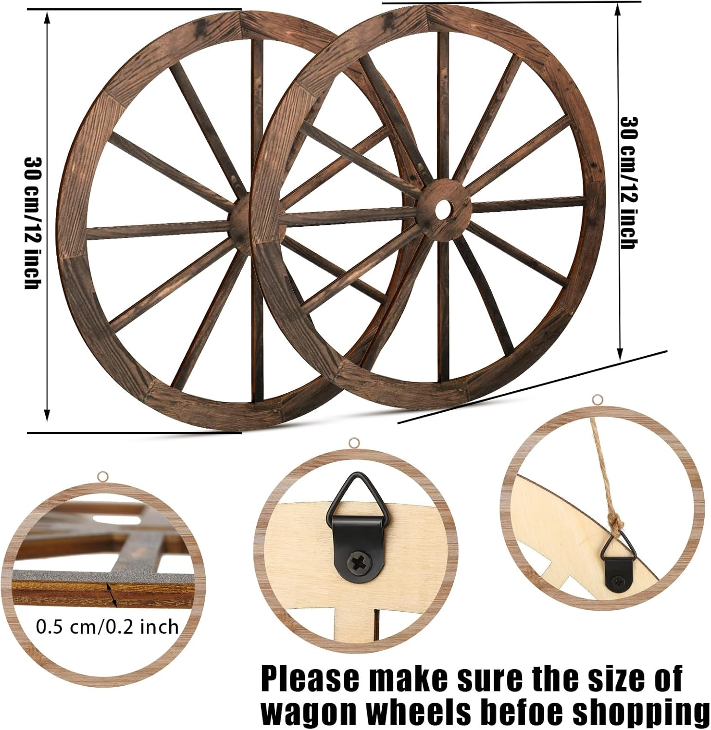2 Pcs Wagon Wheel Decor Wooden Western Cowboy Party Decorations Vintage Rustic Wagon Wheel Wood Cartwheel Decor for Bar Garage Indoor Outdoor (Brown,12 Inch) image number 6
