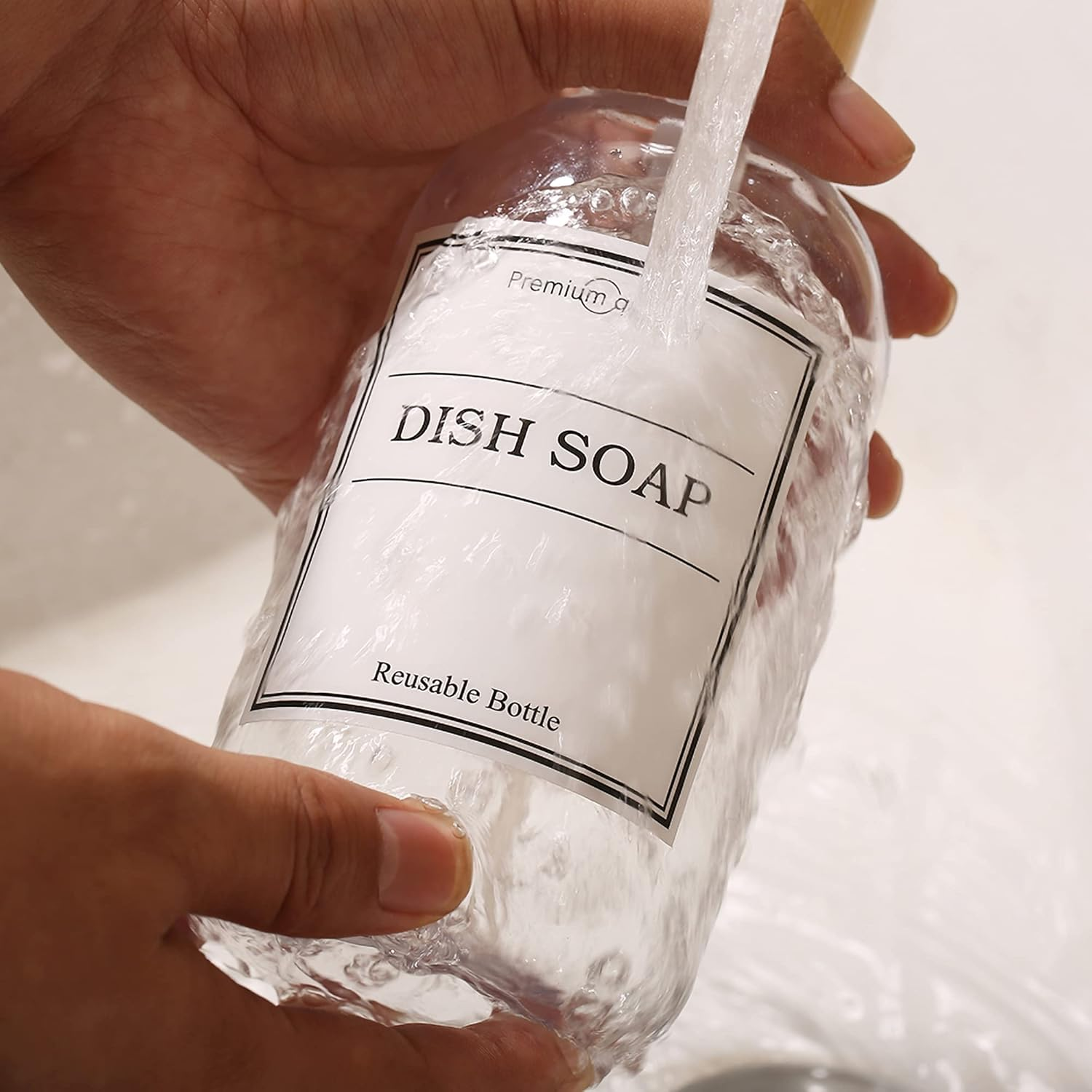 Shampoo and Conditioner Dispenser-Set of 3-16 Oz Reusable Pump Bottle Dispenser for Bathroom with 6 Waterproof Stickers - Empty Plastic Refillable Containers for Shower (Clear) image number 4