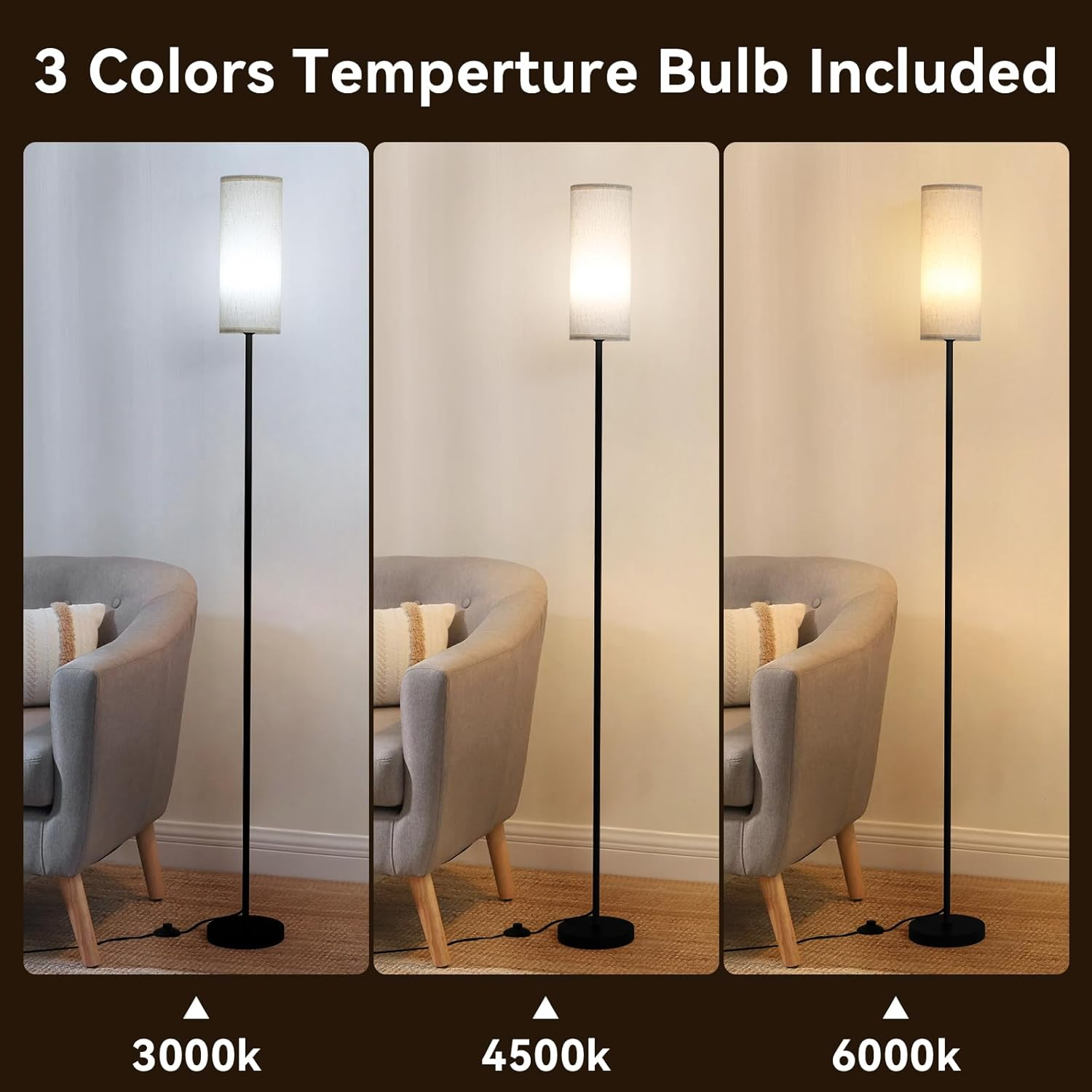 LED Floor Lamp for Living Room,Dimmable Standing Lamps with Foot Switch,3 Color Temperature Black Pole Lamp with Lampshade,Corner Floor Lamp for Bedroom Office Kid Room image number 5