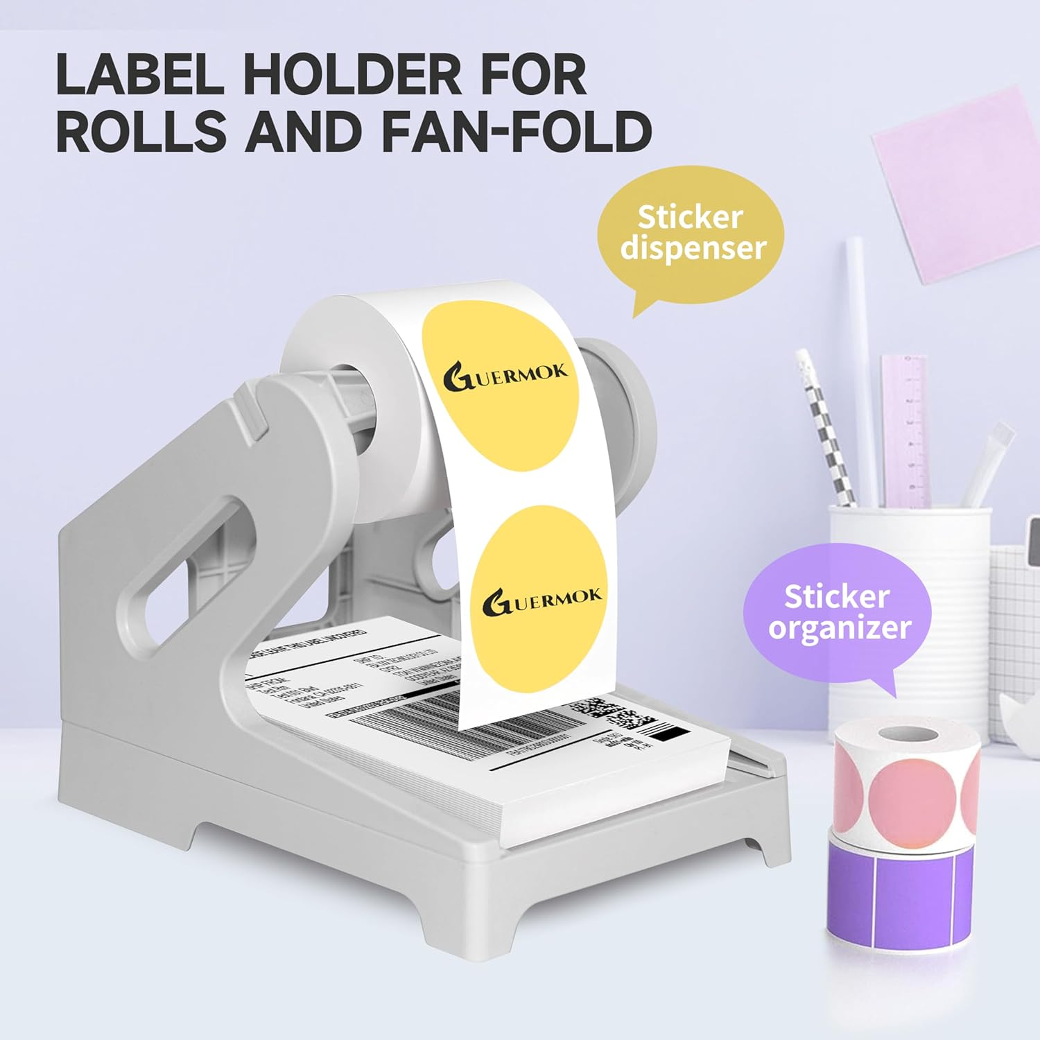 Guermok Thermal Shipping Label Holder for Rolls & Fan-Fold, Fragile Stickers for Shipping, Label Stand Desktop Printer Holder-Home Office Accessory Sticker Dispenser for Holographic (Gray)