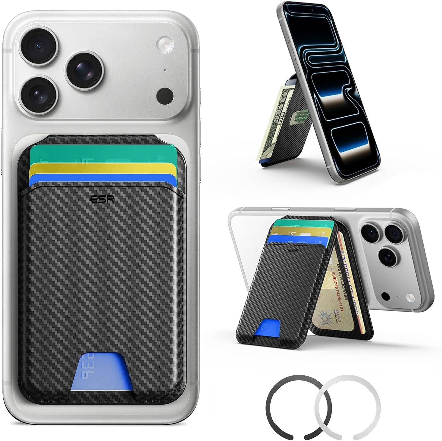 ESR Magsafe Wallet, 5-Card Holder with RFID Blocking, Slim Magnetic Wallet for Iphone with Stand, Magsafe Sticker Included, 17/16/15/14/13/12 Series and Selected Samsung Devices, Not for Mini, Black