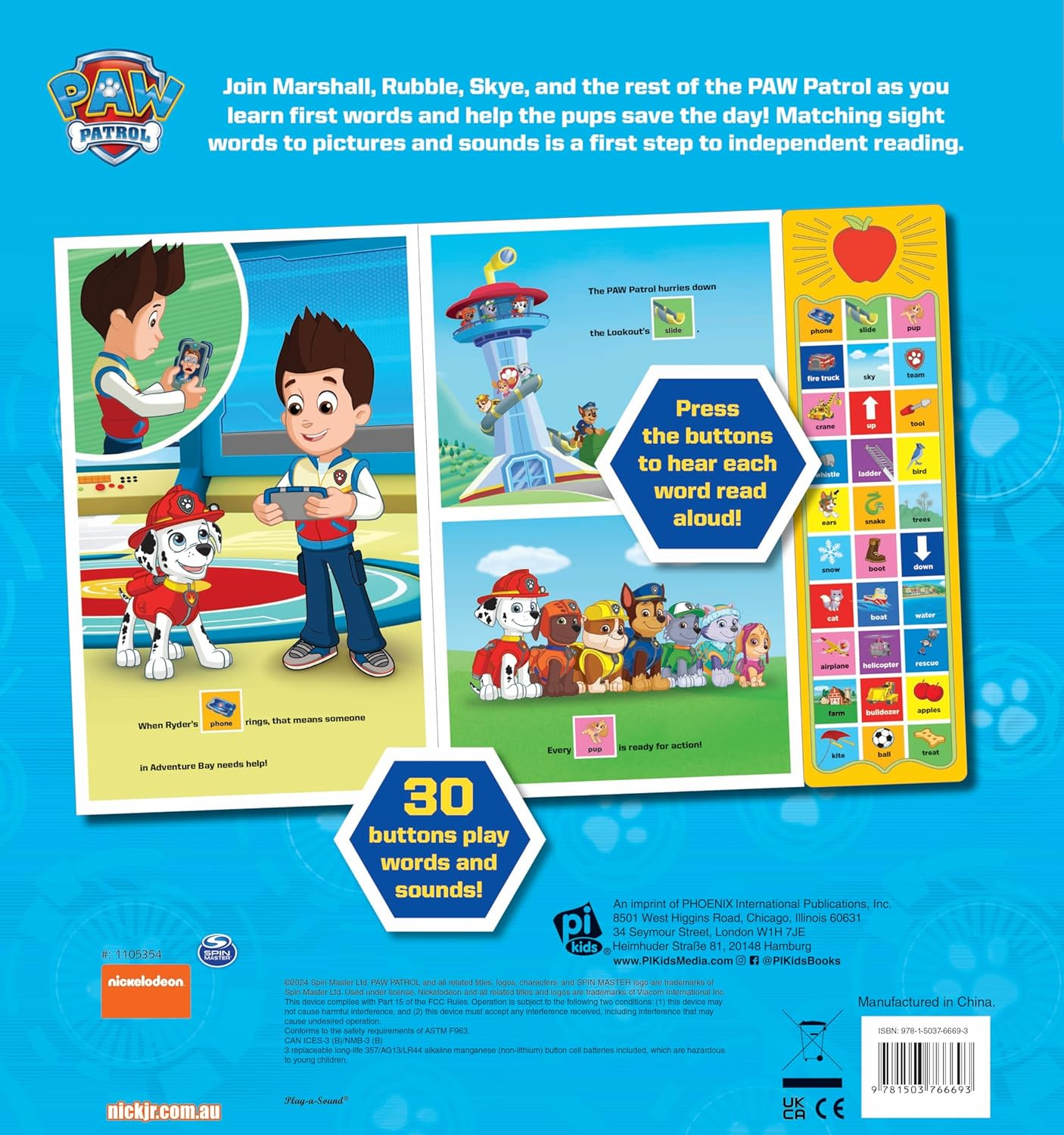 PAW Patrol Chase, Skye, Marshall, and More! First Words 30-Button Sound Book Great for Early Learning PI Kids image number 6