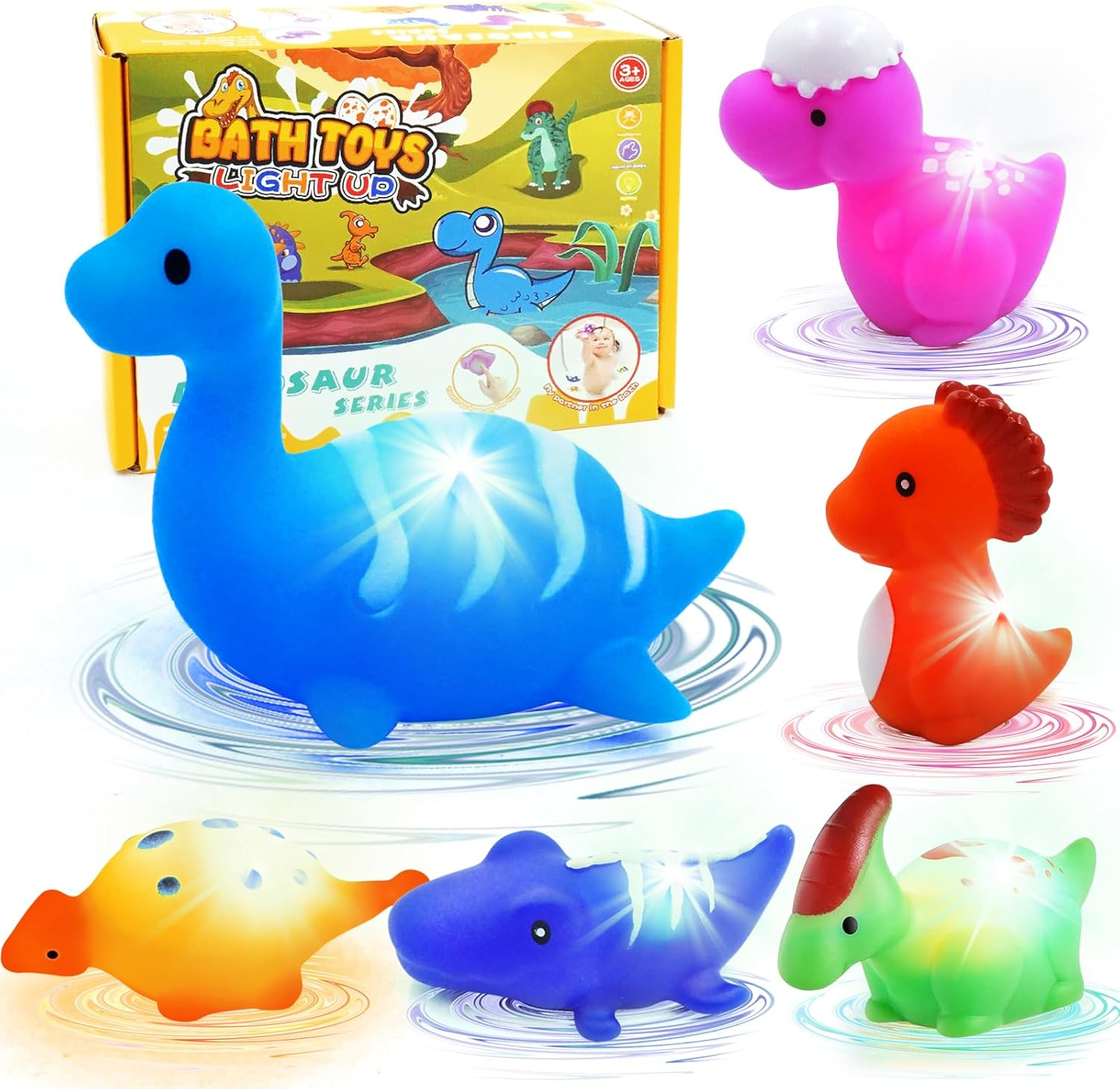 6 Packs Light-Up Floating Dinosaur Bath Toys Set, for Baby Toddler Nephew in Birthday Christmas Easter, Great Water Bathtub Shower Pool Bath Toy for Children Preschool
