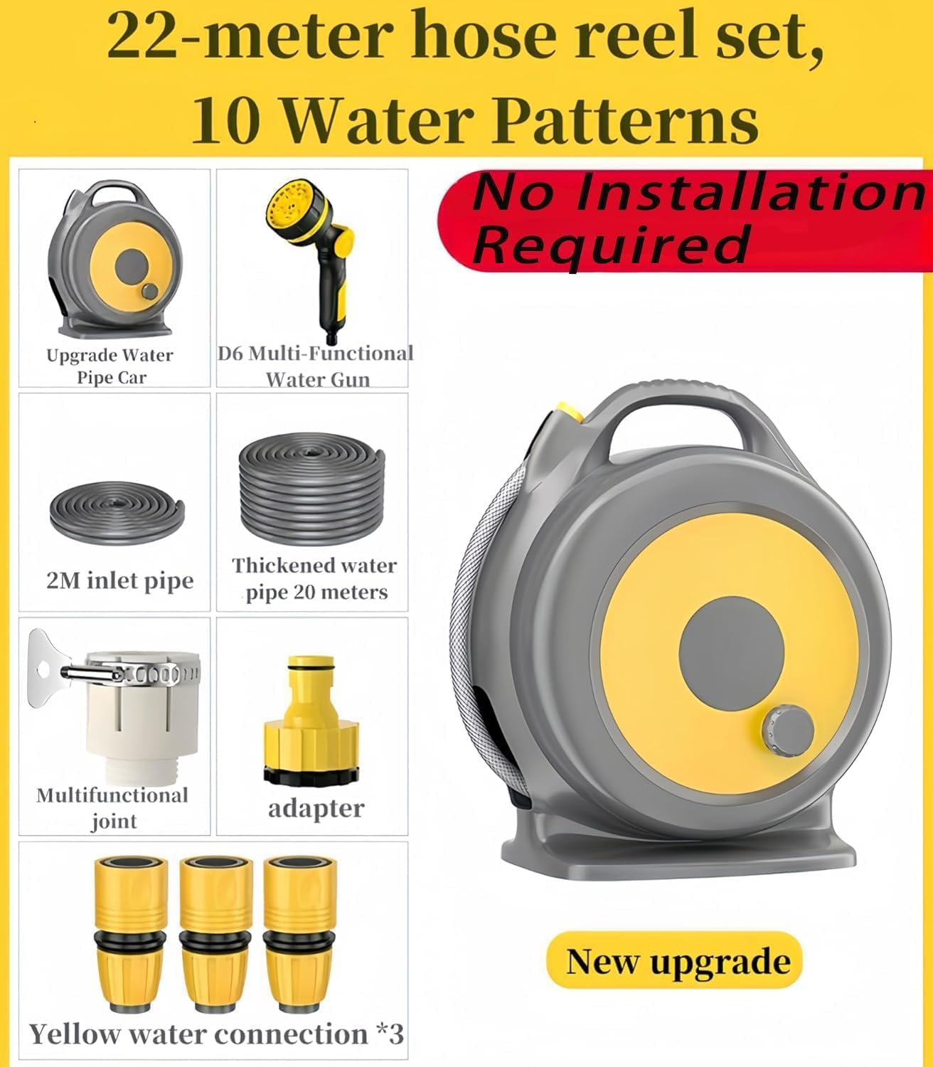 Retractable Garden Hose Reel, 20M+2M,10 Pattern Nozzle, Any Length Lock, Slow Rewind, Easy to Put Back,Wall Mounted, for Watering/Washing/Cleaning(Yellow) image number 6