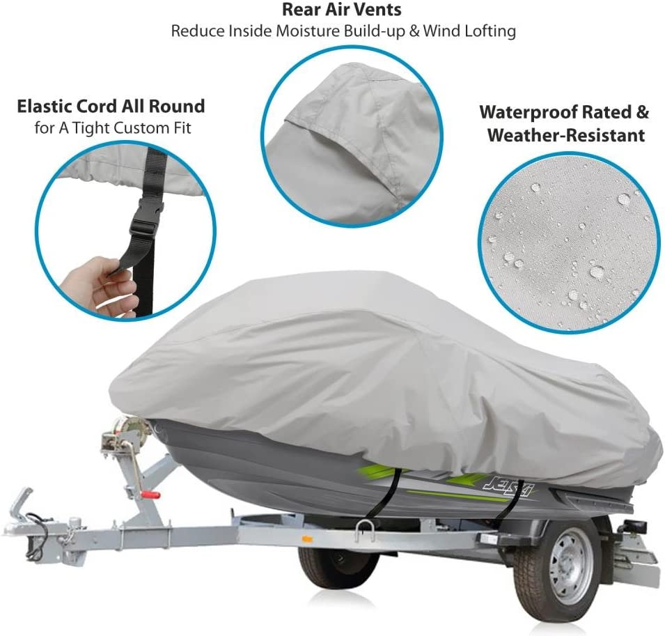 Pyle Waterproof Heavy Duty Jetski Cover - 139&rsquo;&rsquo; - 145&rsquo;&rsquo; Inch Mildew Resistant Watercraft Storage Cover with Adjustable Strap & Elastic Cord for Tight Custom Fit - Marine Grade Protection - PCVJS14 image number 6