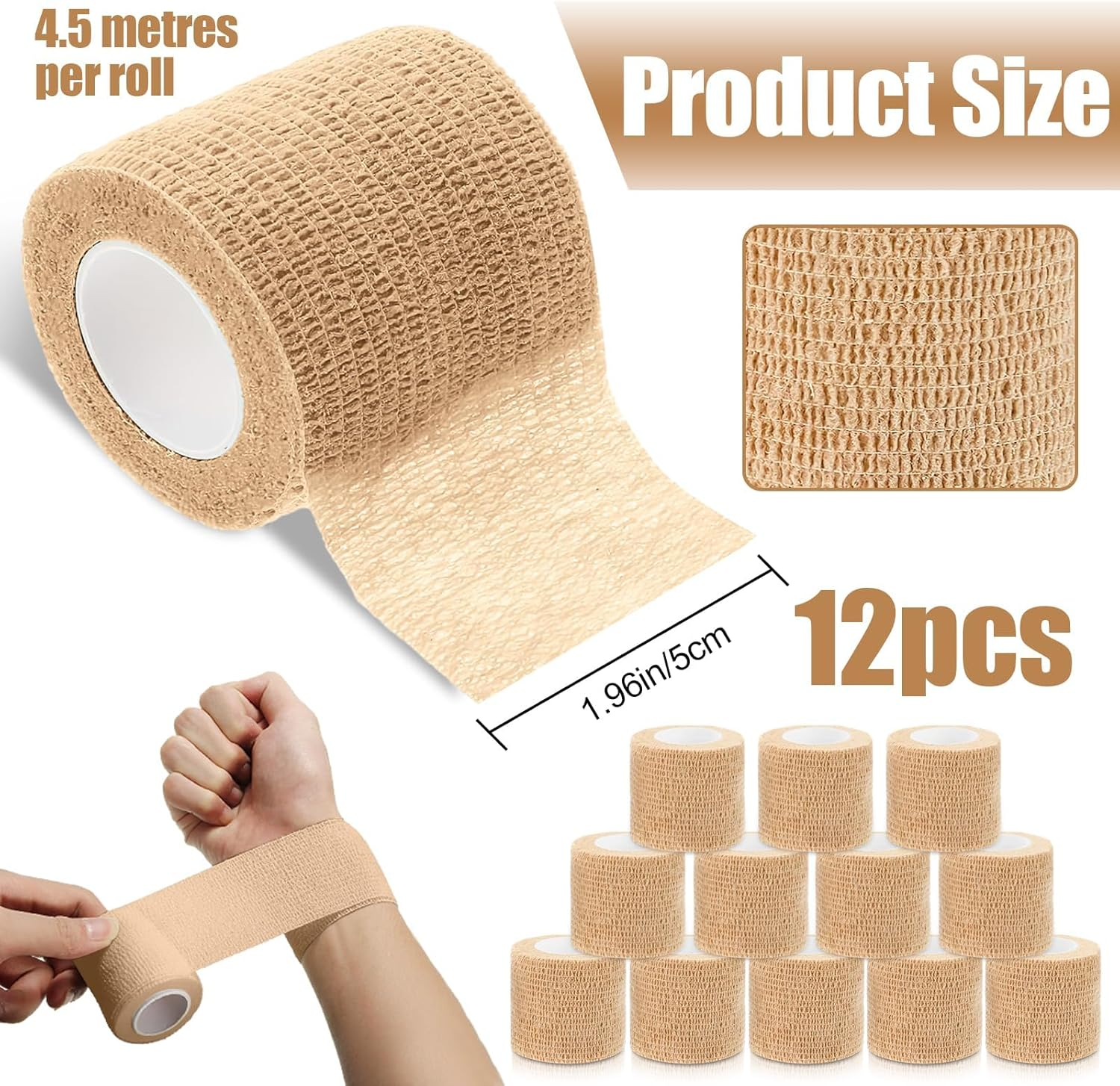 PERCEA Self Adhesive Bandage Wrap, 12 Rolls 2" X 5Yard Elastic Breathable Cohesive Bandage, Non Woven Breathable for Sports Injury, Wrist, Ankle Sprains, Swelling, Vet Wrap image number 5