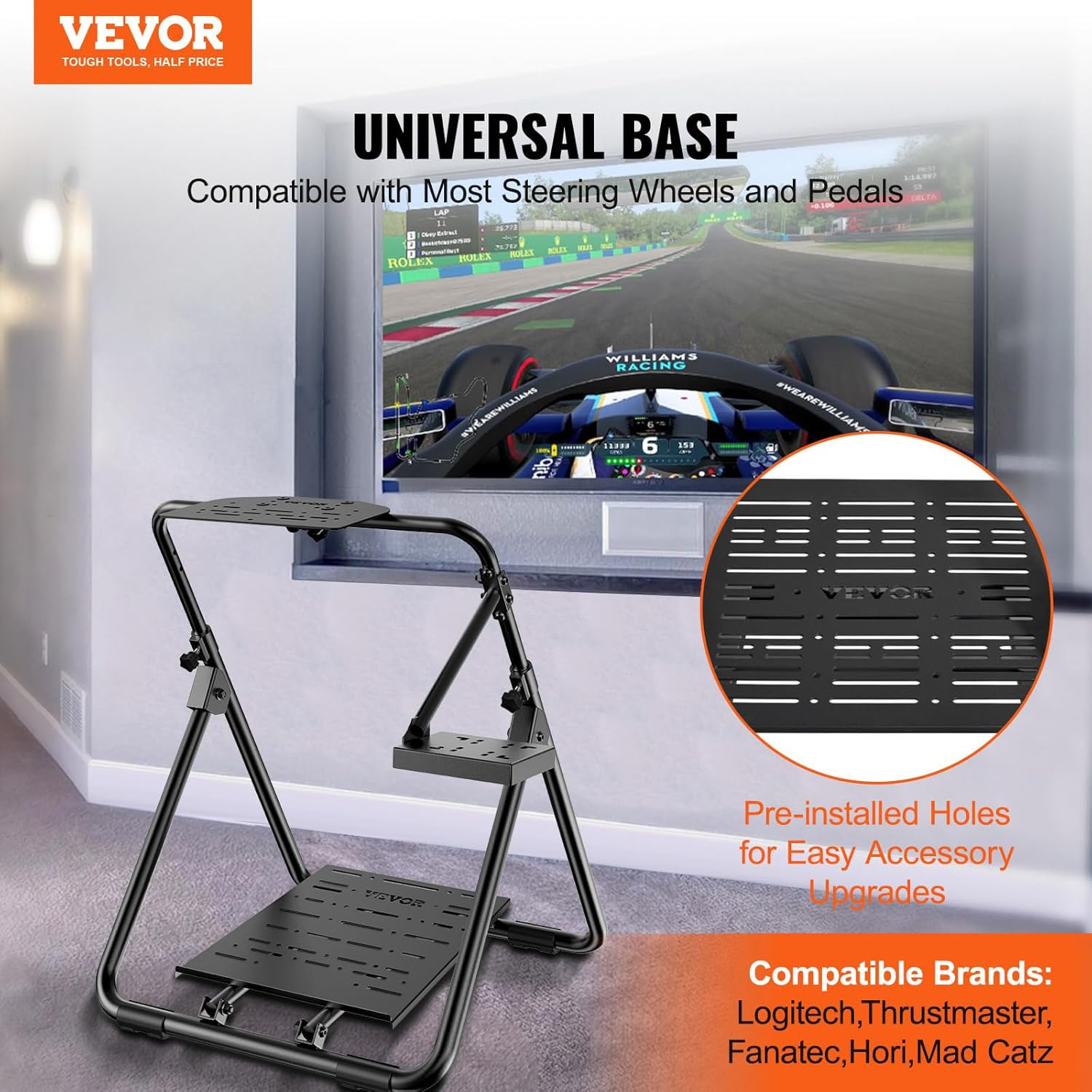VEVOR Foldable Racing Steering Wheel Stand, Height Adjustable Universal Base Compatible with Logitech & Thrustmaster Racing Wheel and Pedal, Heavy-Duty Frame Standard Gt/Formula Seating Portable