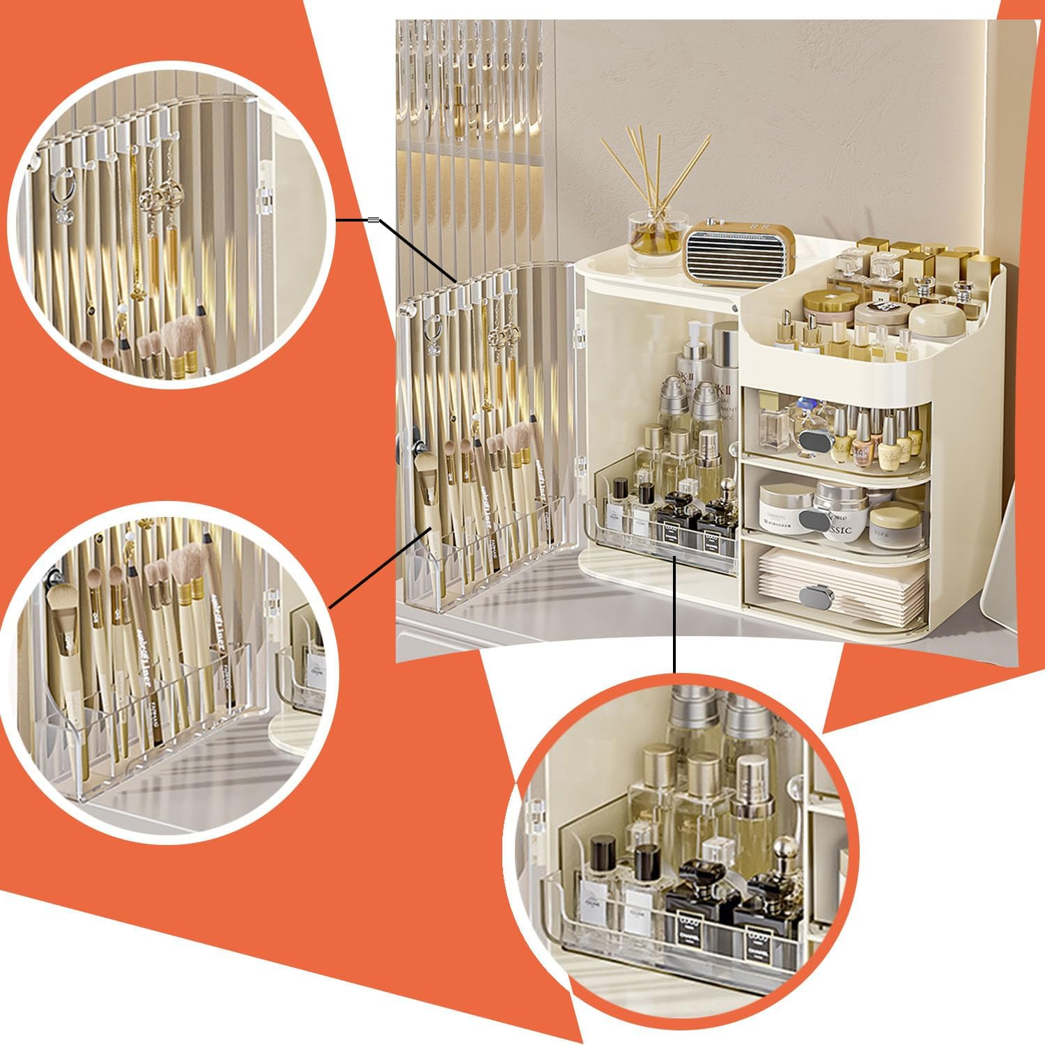 Shengsenfu Makeup Organizers for Vanity, Large Capacity Desk Organizers for Cosmetics with Drawers and Mirror, Cosmetics Display Case with Transparent Cover, Countertop Organizer for Vanity (White) image number 6