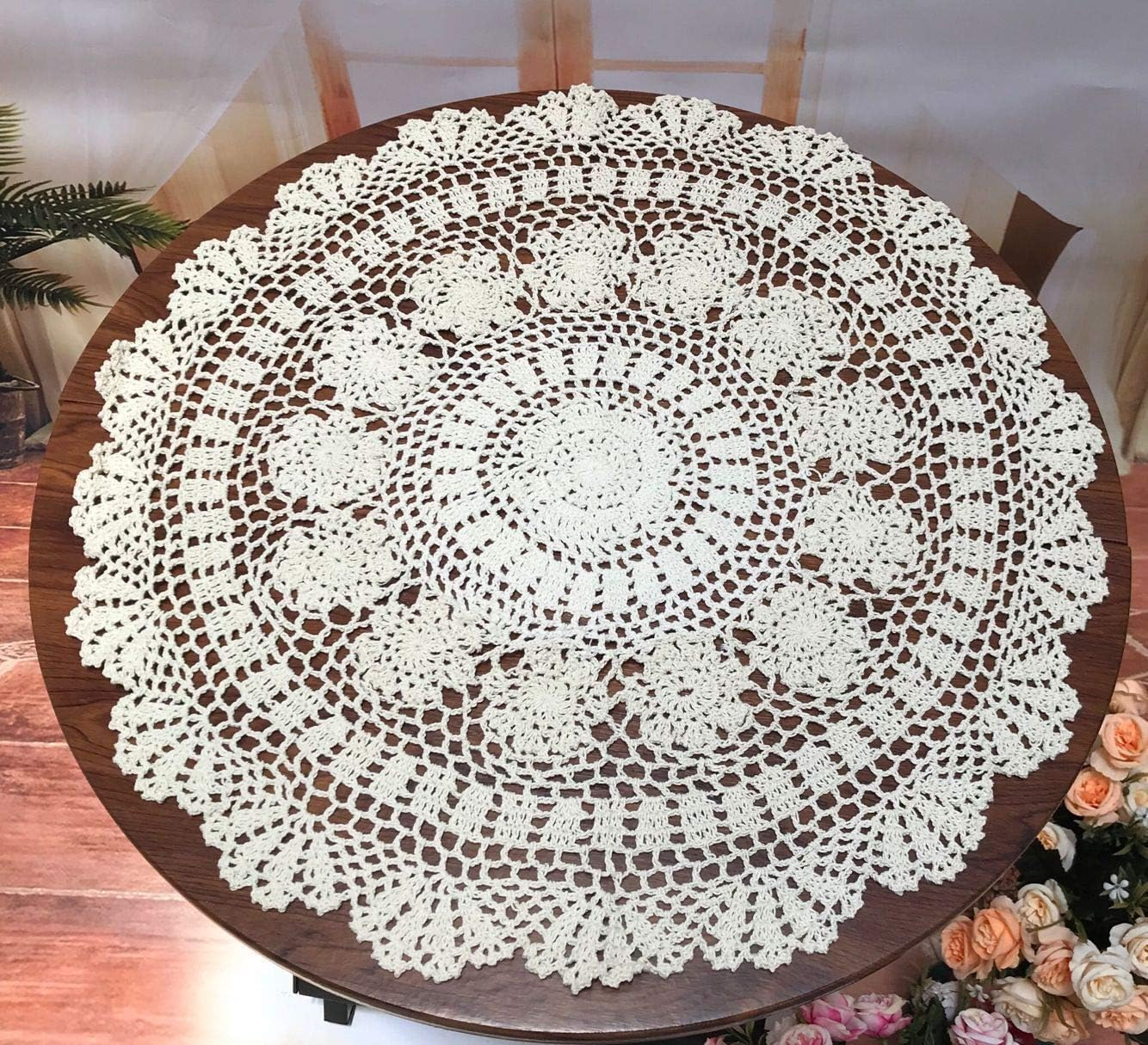 Damanni White Cotton Handmade Crochet Lace Tablecloth Doilies Table Overlay,Round,23 Inch,2Pcs image number 5