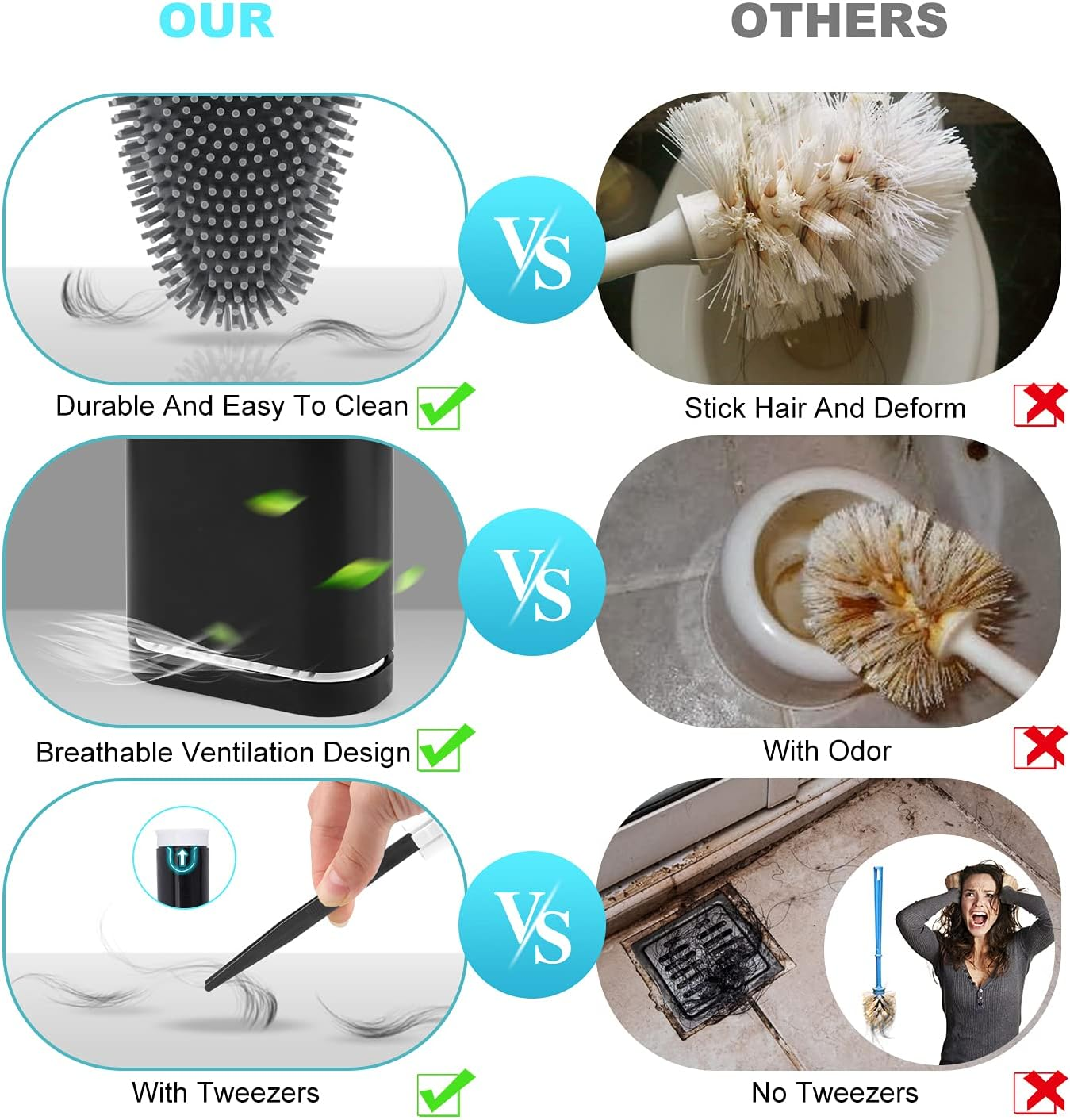 Boperzi Toilet Brush - Silicone Toilet Brush and Holder with Tweezer Wall Mounted, anti Rust Soft Bristles Toilet Bowl Cleaner Brush with Stainless Steel Handle for Bathroom Household Flat Black - Flat/White image number 7