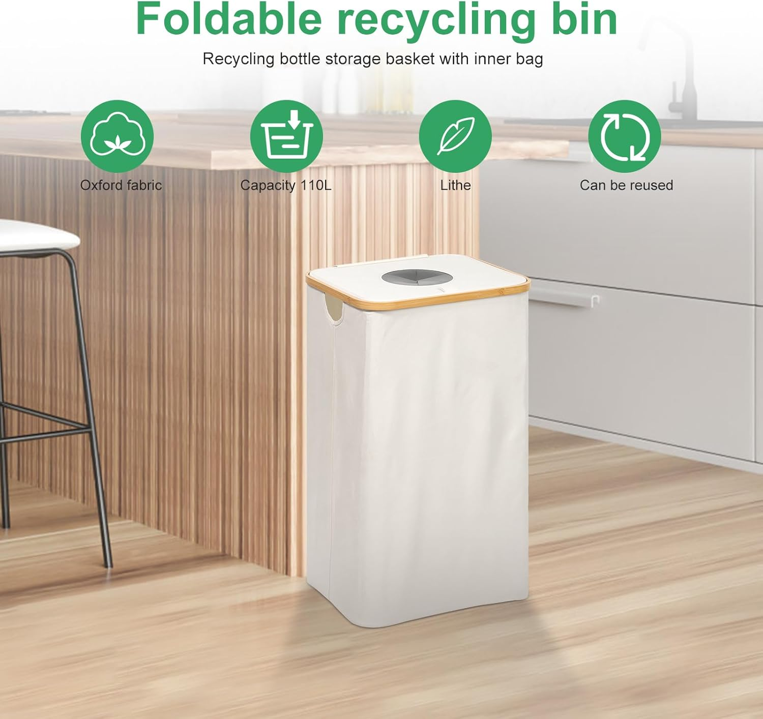 Awobepl Indoor Recycling Bin, 110L Capacity, White, Bamboo + Oxford Cloth, Foldable, Rectangular, Open-Top, Kitchen Laundry Room Recycle Bin image number 3