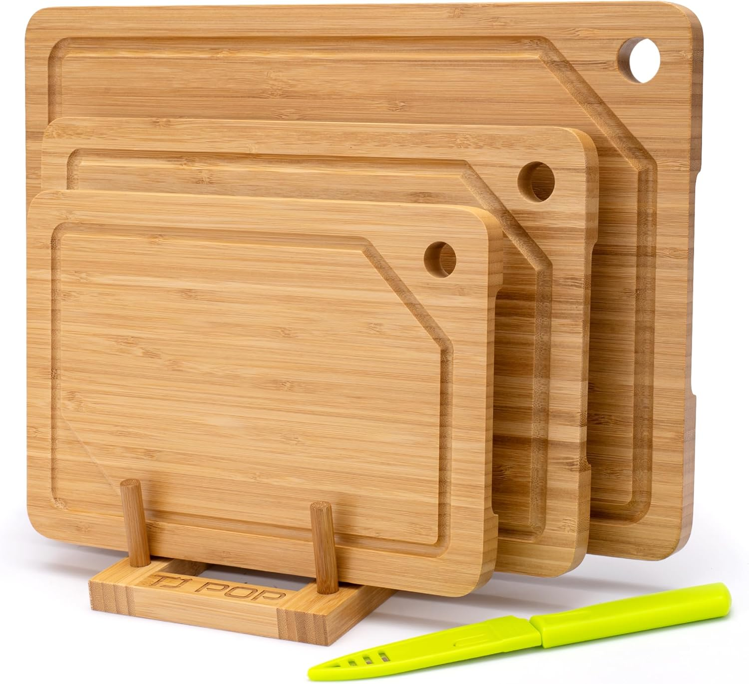 TJ POP Bamboo Chopping Board 3-Piece, Cutting Board Set with Juice Groove, Wooden Chopping Boards with Stand, Perfect for Kitchen Meal Prep & Serving