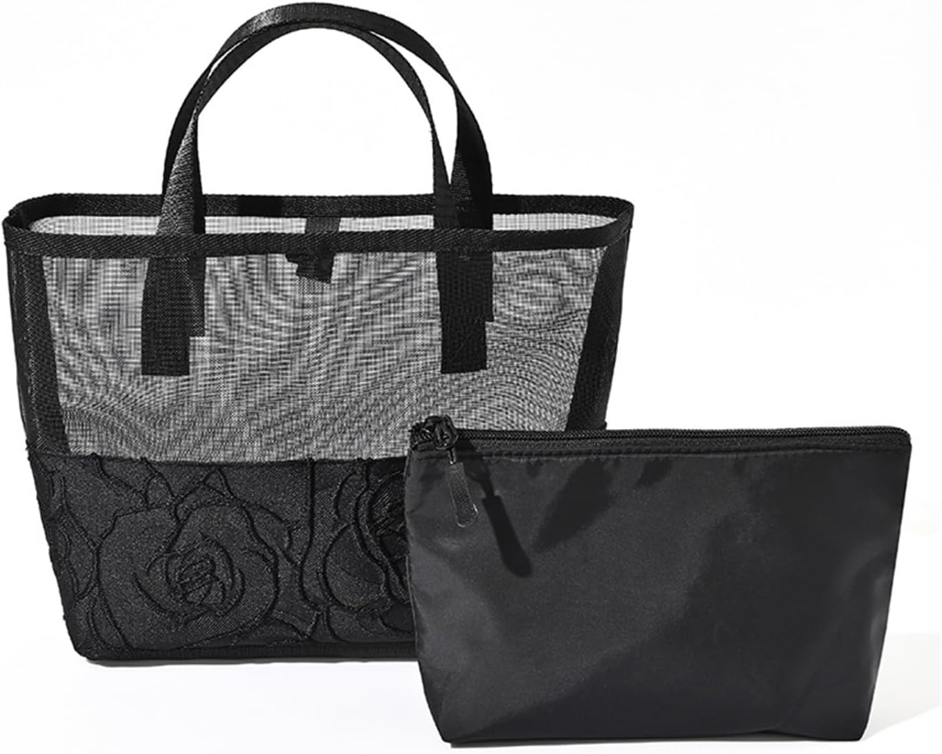 2 Pack Rose Pattern Mesh Makeup Bags, Thickened Transparent Toiletry Organizer Set, Portable Cosmetic Pouch for Women, Waterproof Travel Essentials Kit with Zipper Closure for Vacation & Travel image number 6