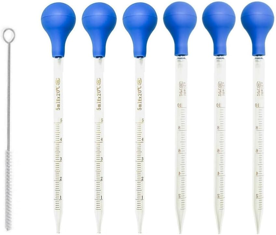 Changyeah 6 Pieces Glass Pipettes Graduated Dropper, 5Ml/10Ml Glass Pipettes Graduated Dropper,Long Glass Pipette Dropper with 6 Rubber Caps and 1 Pcs Droppers Brush,Used to Transfer Liquids image number 1