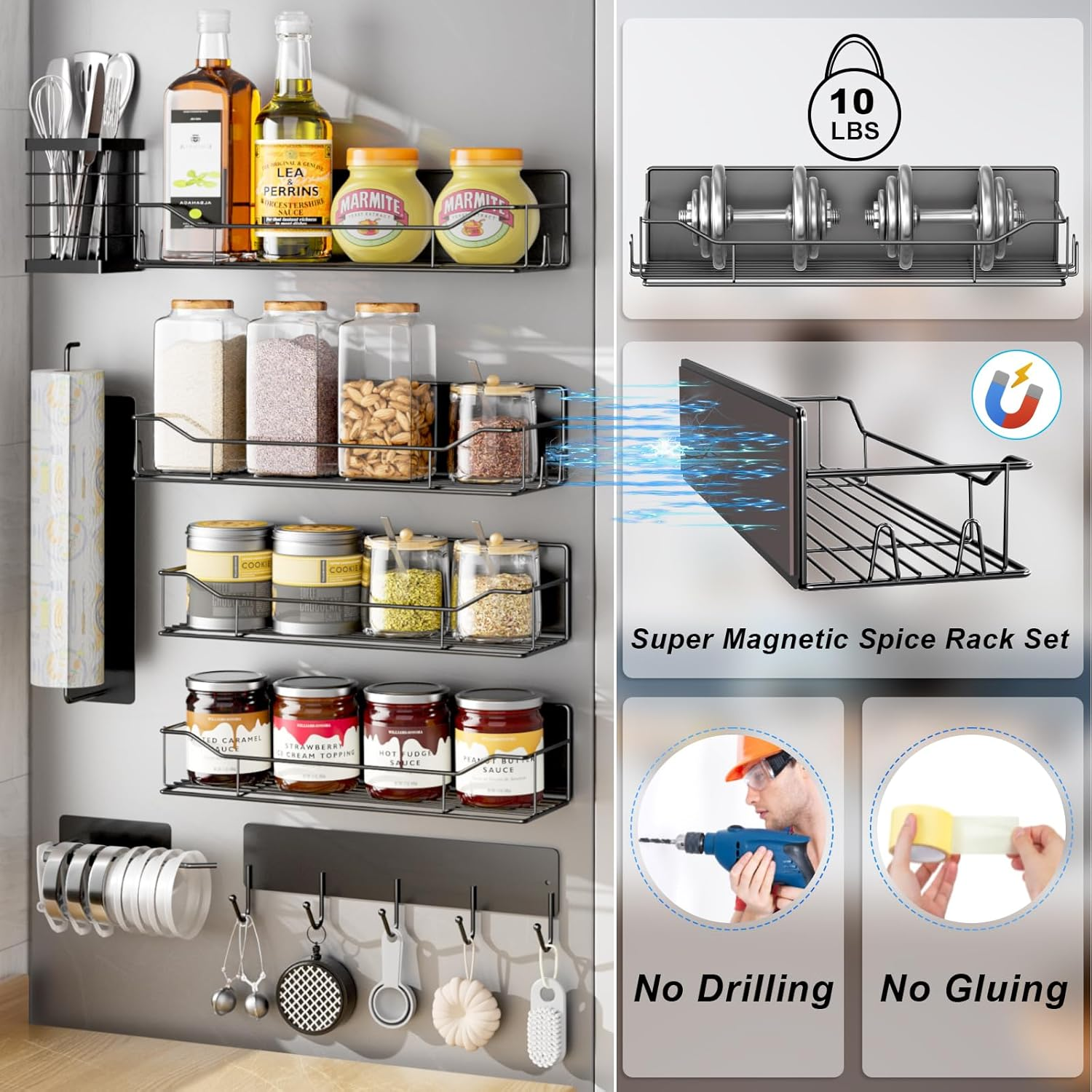 Magnetic Spice Rack, 100% Metal Strong Magnet Shelf for Refrigerator, Space Saving Spice Organizer, Home Kitchen Laundry Room Storage Organization W/Paper Towel Holder, Utensils Racks (8 Pack) image number 4