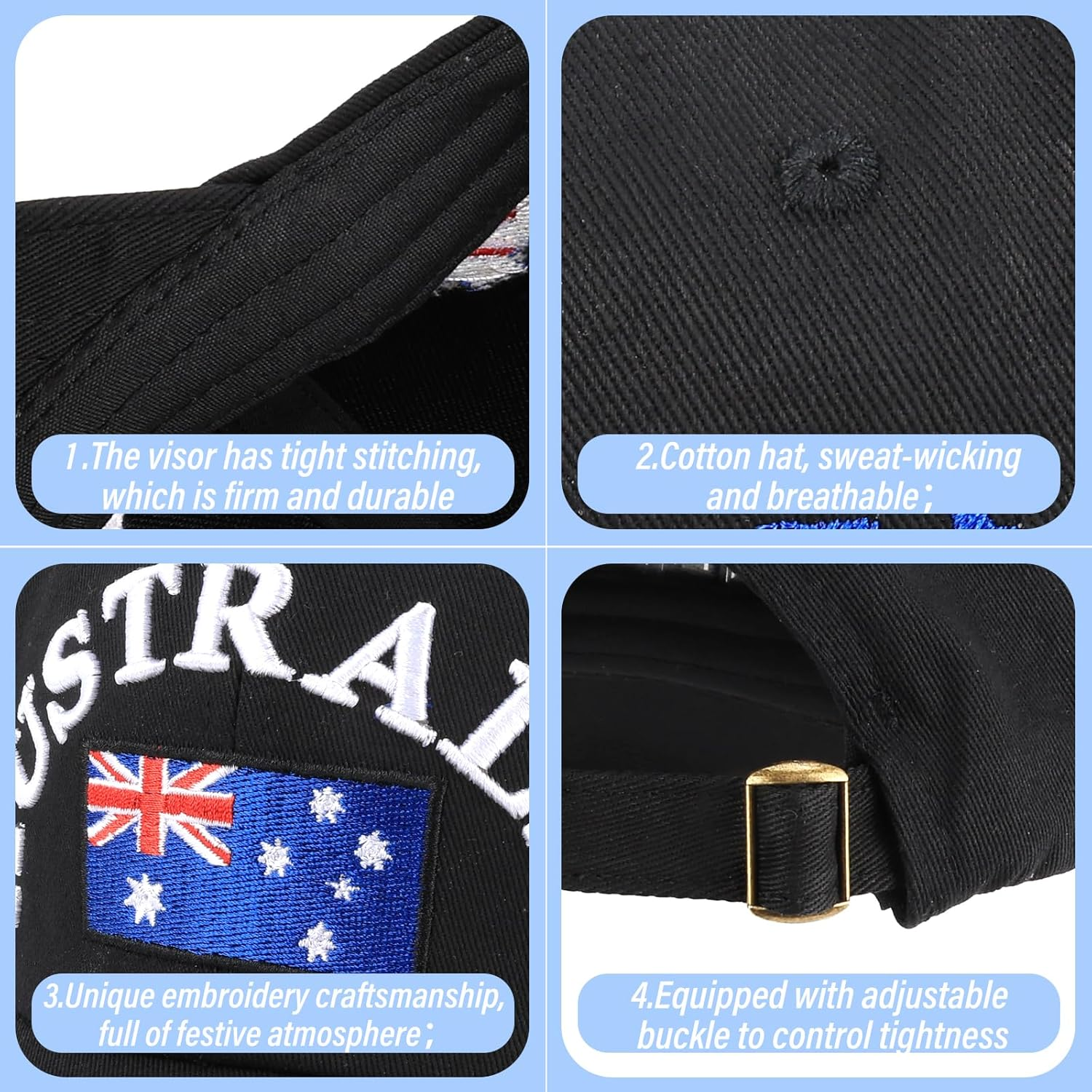 Fiohiros Australia Day Cap, Comfortable and Breathable Australia Day Hat, Summer Sun Hat, Outdoor Sports, Travel Hat, Perfect for Celebrating Australia Day Black image number 4