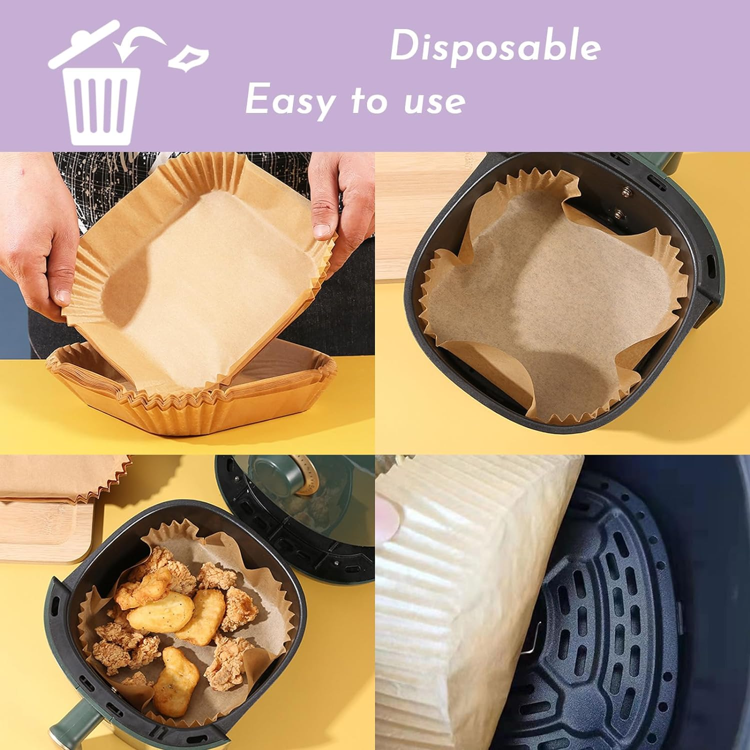 Enkis Air Fryer Liners, 150Pcs Air Fryer Paper Liners Square-9.8Inch/25Cm*4.5Cm, Non-Stick Air Fryer Parchment Liners, Air Fryer Disposable Paper Liner for 5L-7.5L Air Fryer (Large-25Cm)