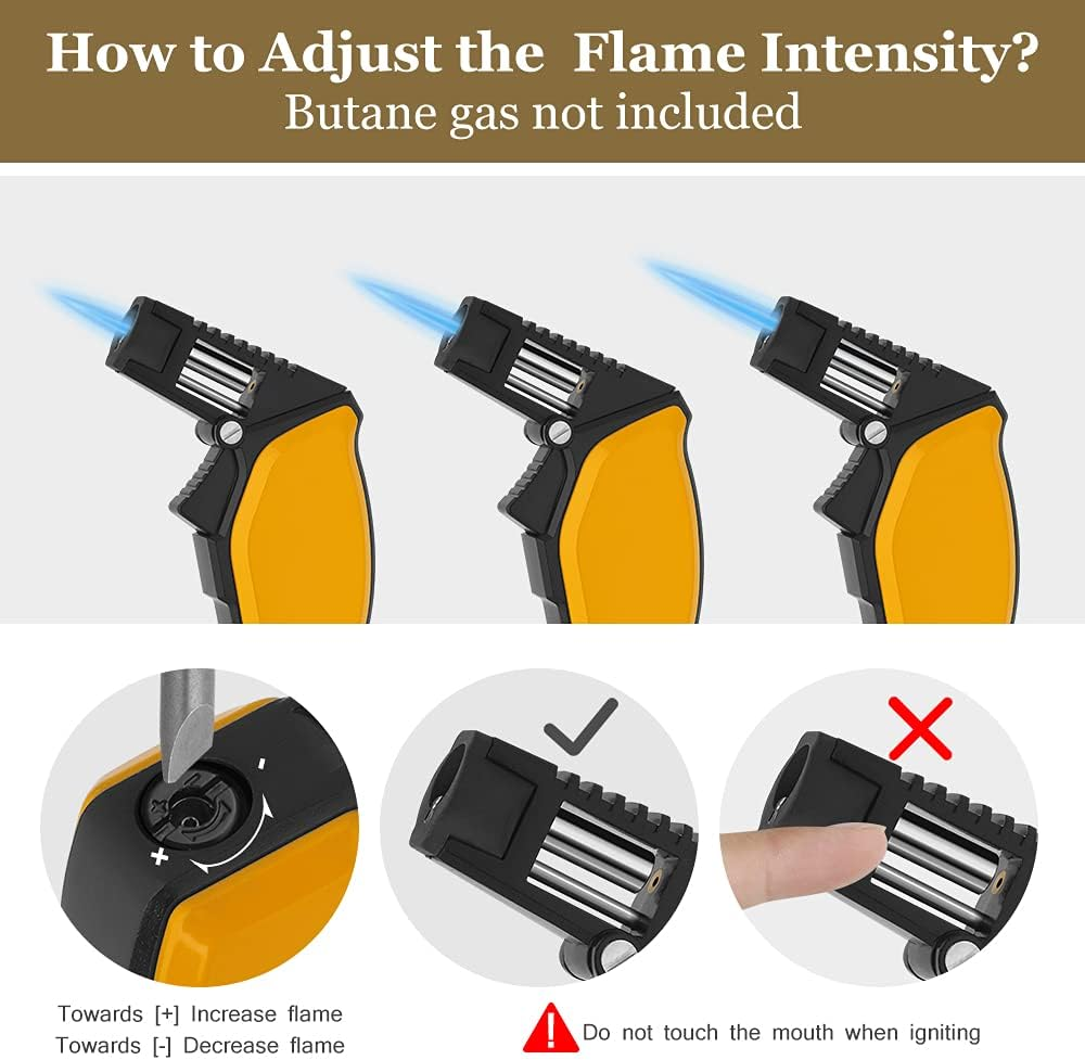 PIPITA Windproof Torch Lighter, Adjustable Big Single Blue Flame Torch Firelighters Refillable Butane Gas Lighter (Butane Not Included) (Yellow) image number 4