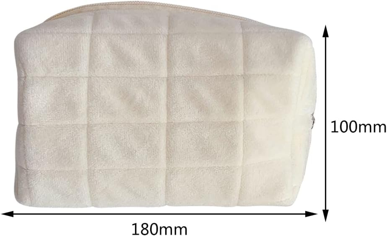 Cessfle Checkered Plush Makeup Bag Small Cosmetic Bag, Puffy Cute Makeup Bag for Purse Solid Color White Makeup Pouch with Zipper Makeup Brushes Storage Bag, 1Pc-White image number 6