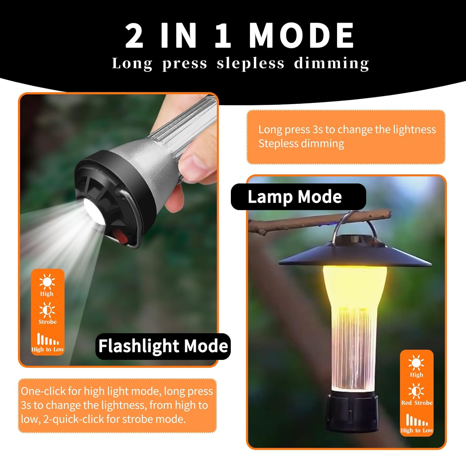 YIFENG Mini 2-In-1 USB Rechargeable LED Lantern Flashlight with 3 Light Modes, Stepless Dimming, Portable 2200Mah Outdoor LED Tent Light Torches with Magnetic Base and Tripod for Camping Hiking Cycling Emergency image number 1