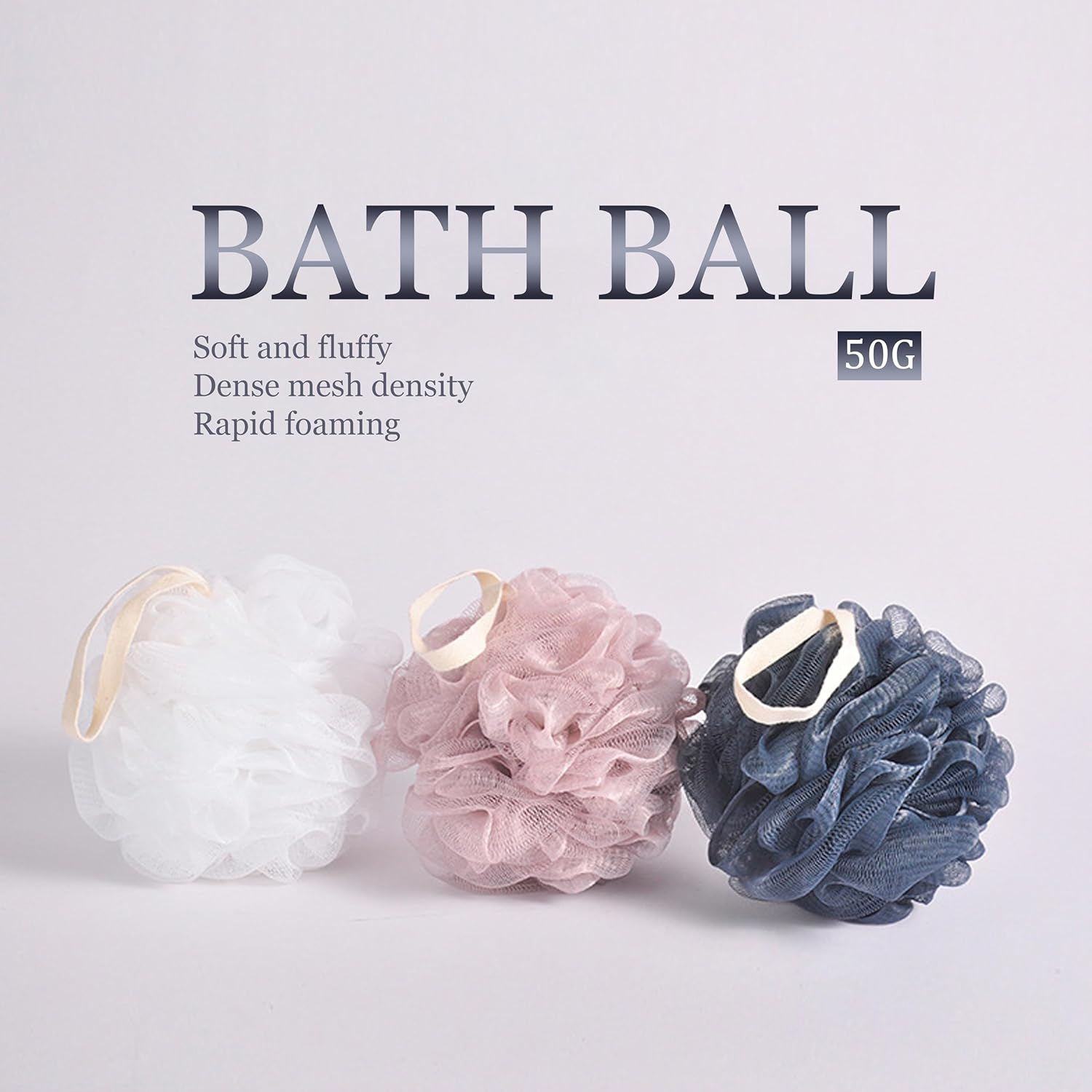 ADSEXY Bath Loofah Sponges, Mesh Shower Puffs, 50G Each, Pack of 3, White Pink Blue image number 4