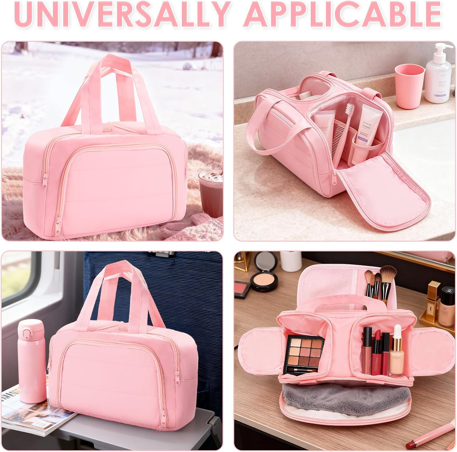 Teccfly Travel Toiletry Bag,Puff Large Capacity Cosmetic Bag,Makeup Bag with Handle for Women,Travel Bags with Wide Open Design for Makeup Toiletry,Accessories & Essentials,Valentine'S Day Gift(Pink) image number 3