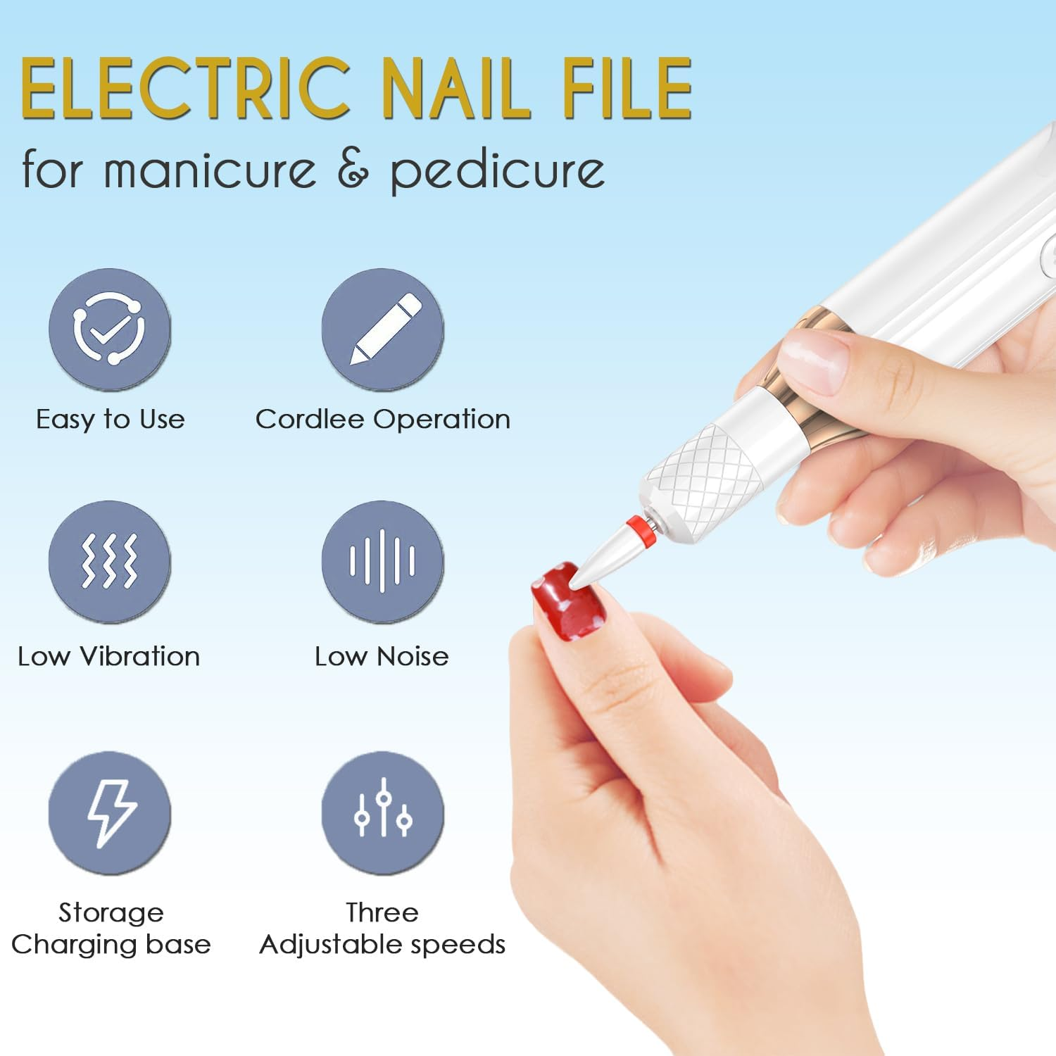 Electric Nail Drill Acrylic Nail File with Wireless Charging & Storage Base for Gel Nails, Portable Rechargeable Electric Nail Drill Machine for Polishing Grinding Trimming, Safe for Beginners Professional