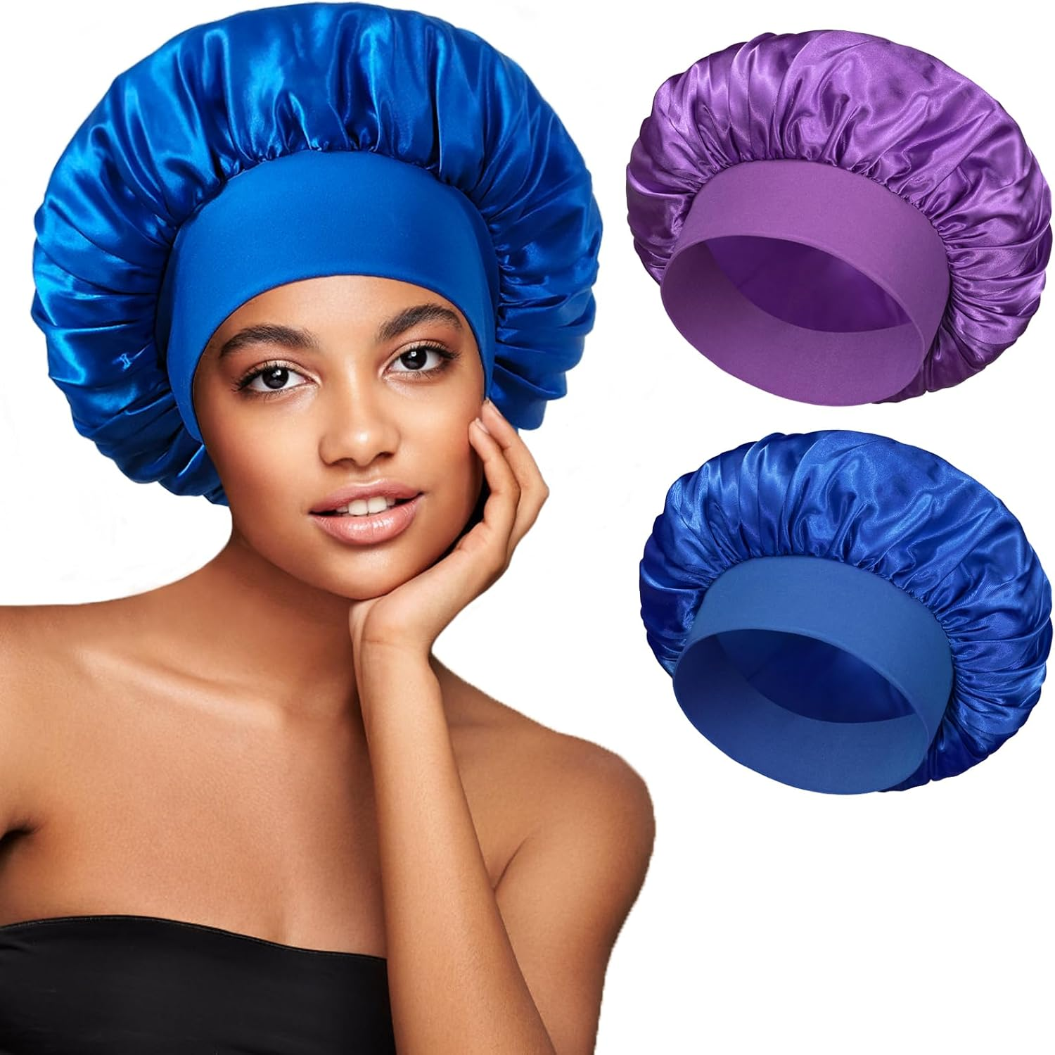 2Pcs Satin Bonnets for Women, Silk Hair Bonnet for Sleeping, Wide Soft Band Large Silky Sleep Cap for Curly Hair Braids