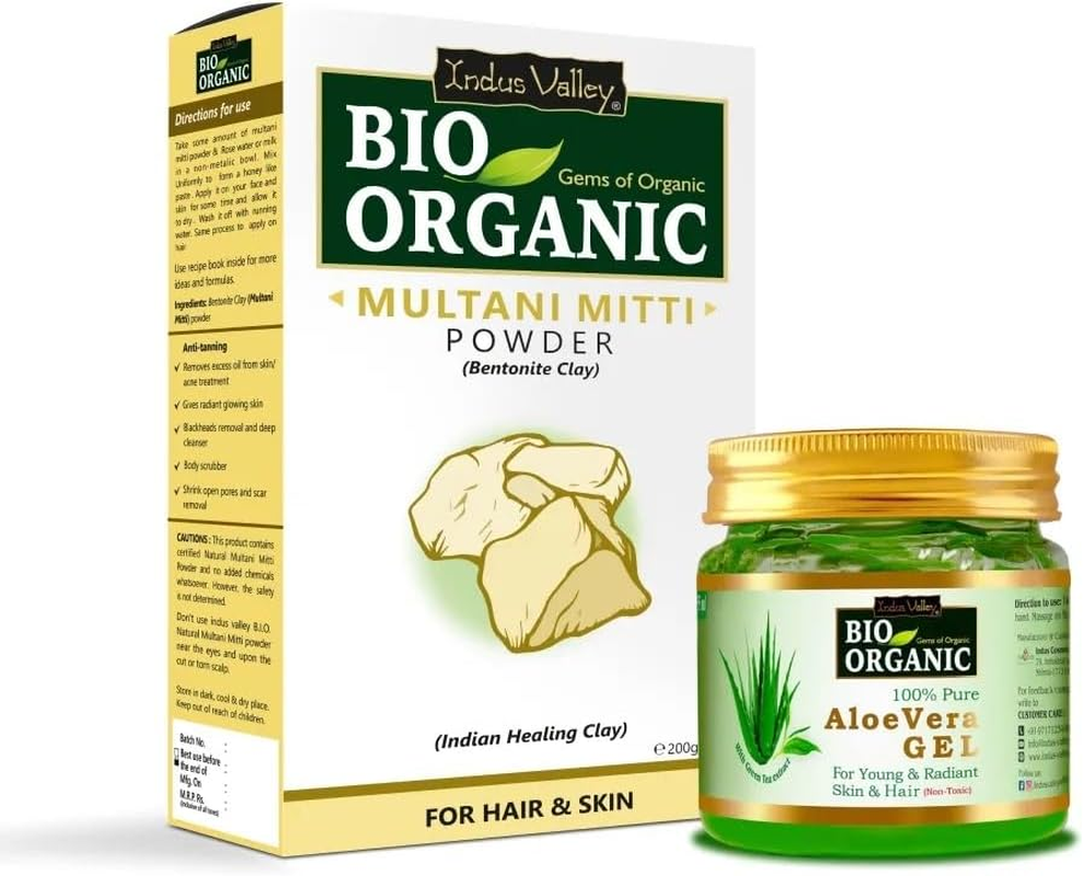 INDUS VALLEY Bio Organic Non-Toxic Aloe Vera Gel and Multani Mitti Powder | Healing Clay - for Acne, Scars, Glowing & Radiant Skin Treatment (175Ml + 200G)