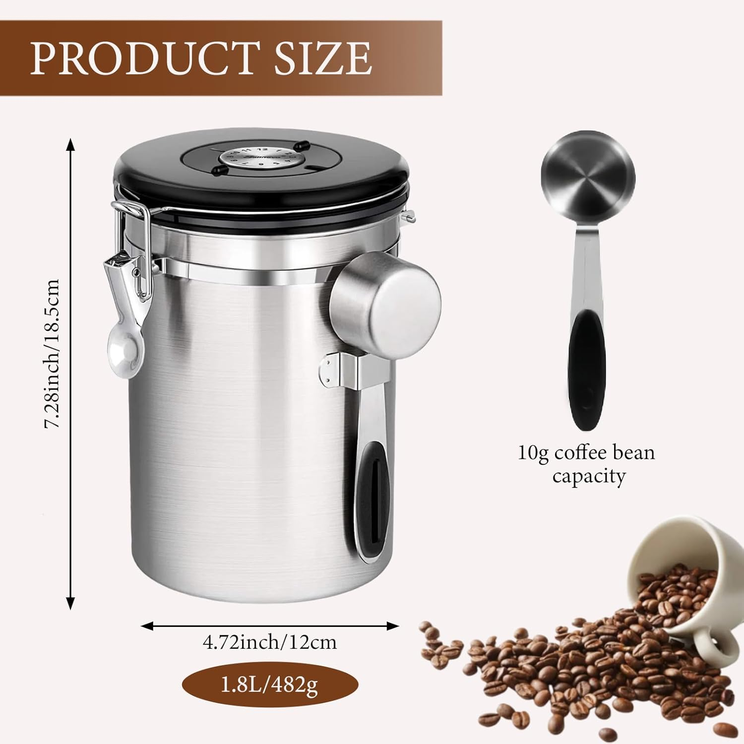 Airtight Coffee Beans Canister, 1.8L Stainless Steel Container, Airtight Stainless Steel Food Storage Container with Date Tracker and Scoop for Grounds Coffee,Beans,Tea,Flour, Cereal,Sugar (Silvery) image number 6