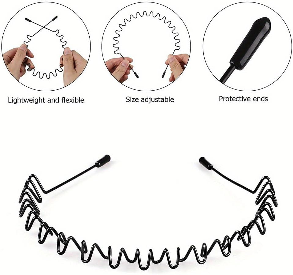 2 Pcs Metal Hair Bands for Men Headband Women Bands Unisex Black Wavy Hair Bands Outdoor Sports Head Bands Simple Elastic Non-Slip Hair Accessories image number 1
