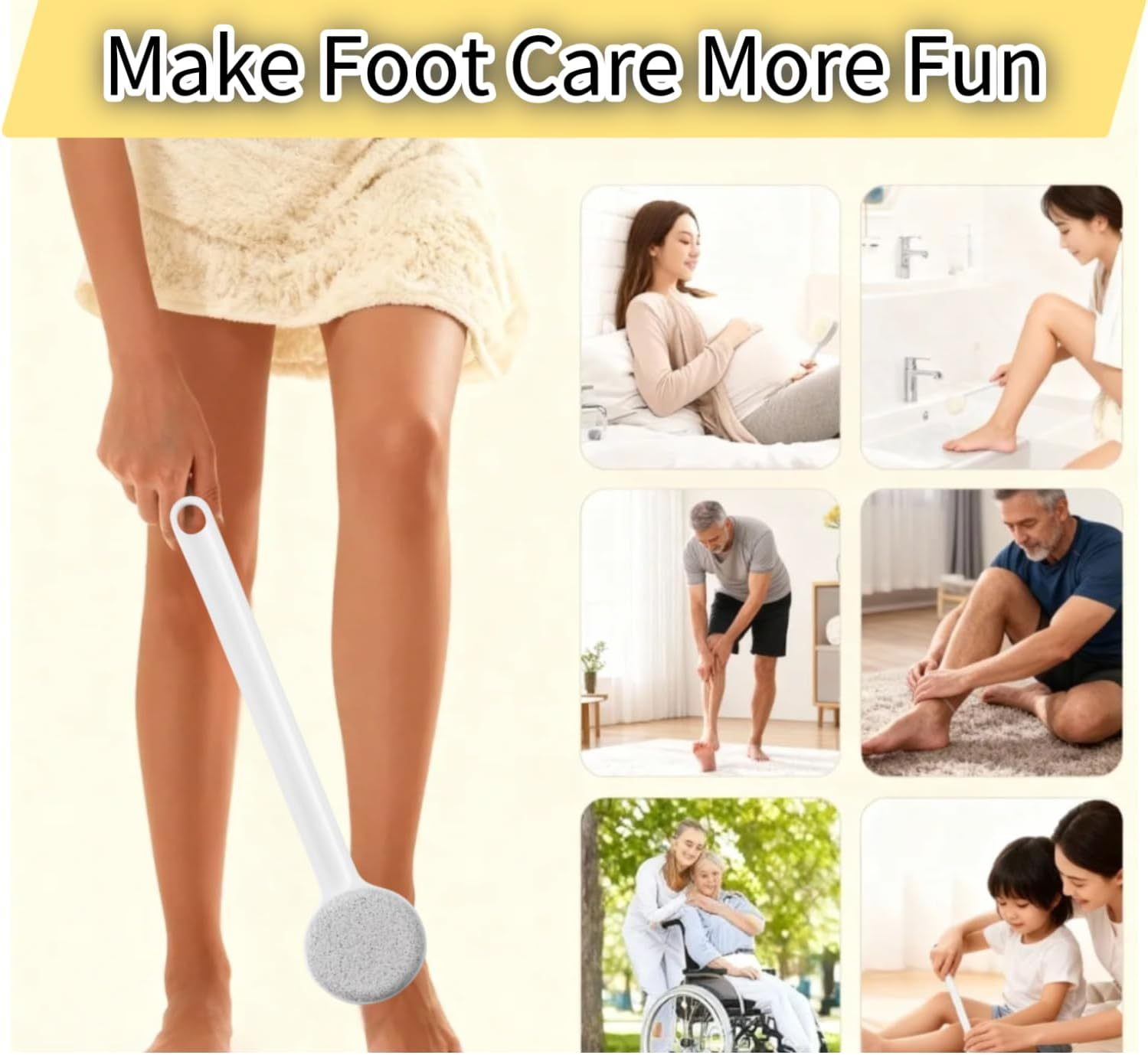 CKONXE Long Handle Pumice Stone Foot Scrubber, 14 In, Porous Pumice Head for Dead Skin Removal, Exfoliator，White，Foot Scrub Shower Pedicure Tools， Foot Care Stone image number 4