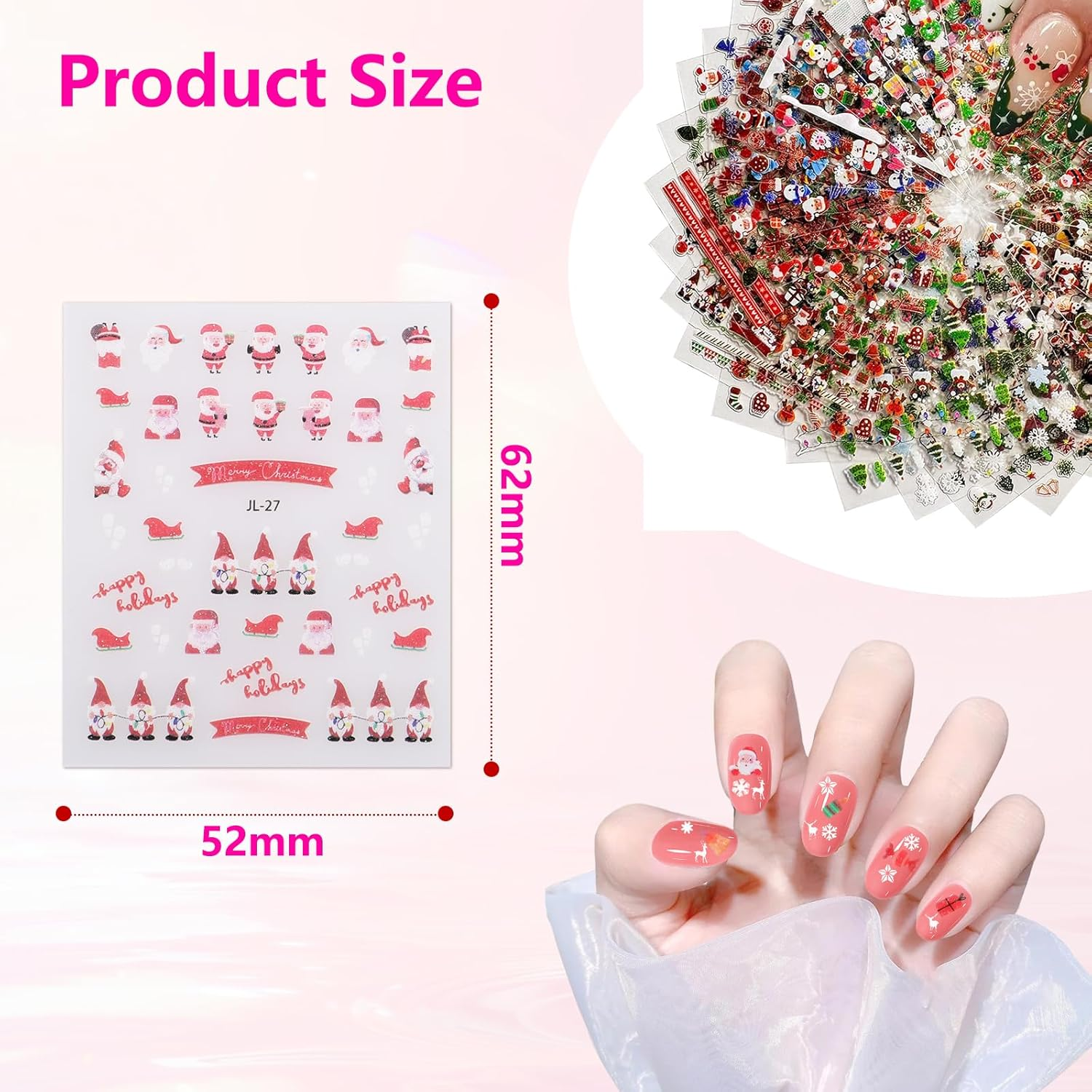 Bighan 30 Sheets Christmas Nail Art Stickers Self-Adhesive Designs with Christmas Trees Snowflakes Snowmen Reindeer Santa Hats Nail Stickers Decals image number 1