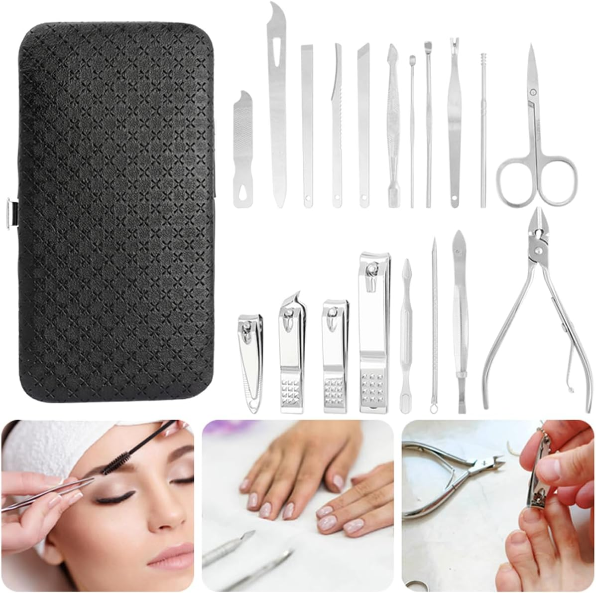 Wolfride 19Pcs Manicure Set Nail Clippers Pedicure Kit with Black Leather Case, Carbon Steel Professional Grooming Kit Nail Care Tools + Nail Rhinestones 1 Pack