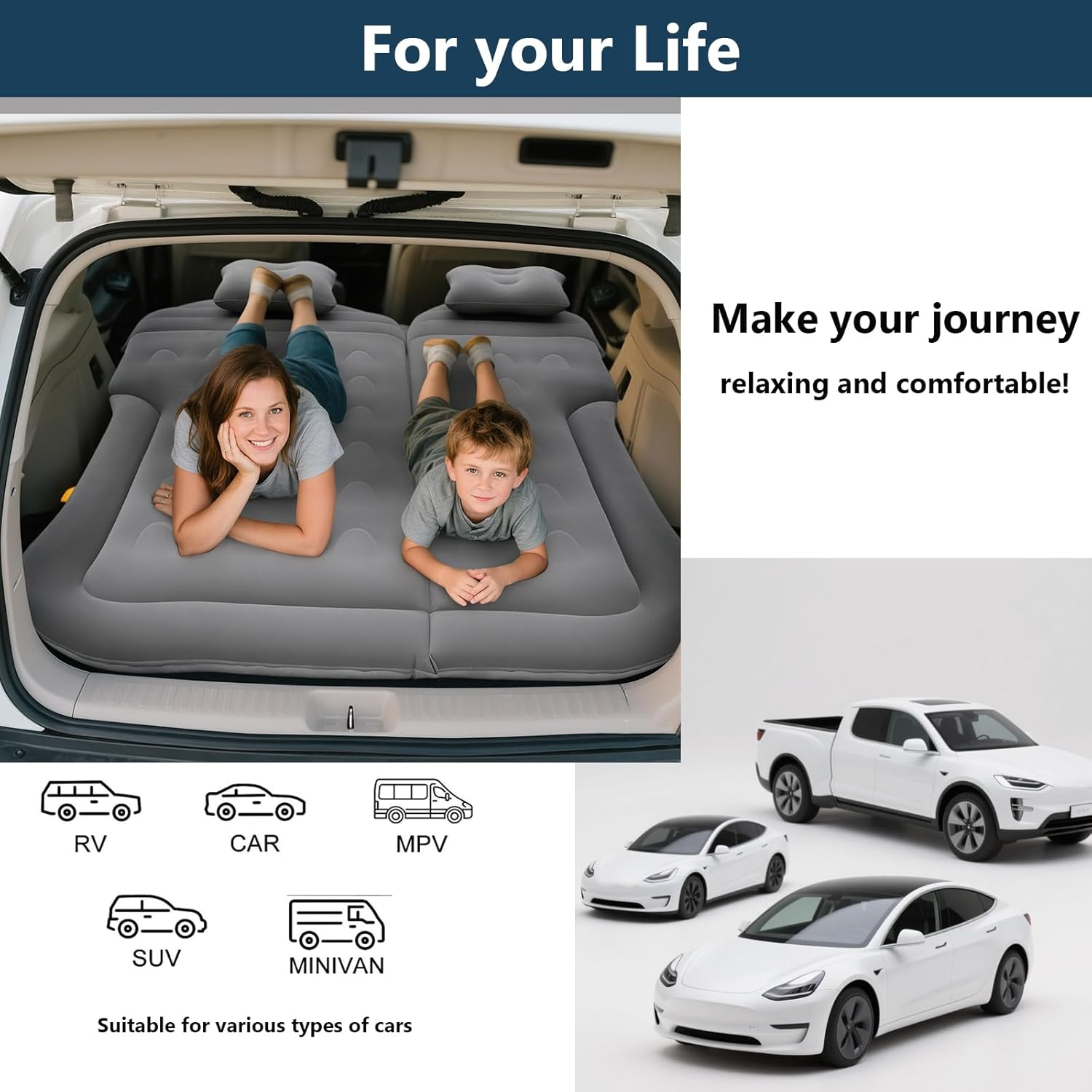 Car Air Mattress, Inflatable Thickened Flocking Travel Camping Bed with Air Pump 2 Pillows, Upgraded Honeycomb Structure, Mobile Cushion, Portable Sleeping Bed for SUV Trunk Rear Seat (Gray) image number 1