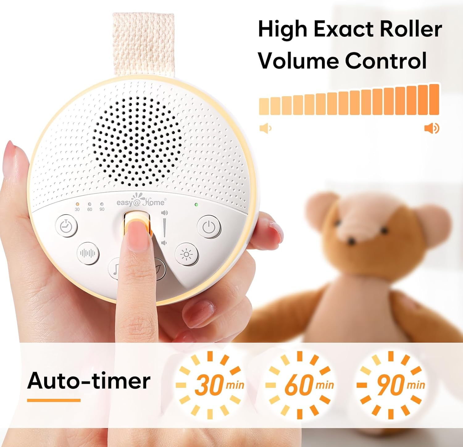 Easy@Home White Noise Machine: Portable Baby Sound Machine 34 Soothing Lullabies & Nature Sounds | 3 Timer Set | Night Light | Baby Essentials for Newborn | High Exact Roller Volume Control image number 3