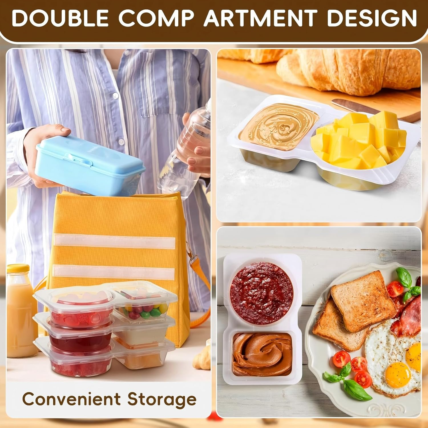 50 Pack Reusable Snack Containers with Lids 2 Compartments, Snack Pack Container Multipurpose Leak-Proof, Double Compartment Condiment Sauce Containers for To-Go Sauce, Sampling, Travel Snack