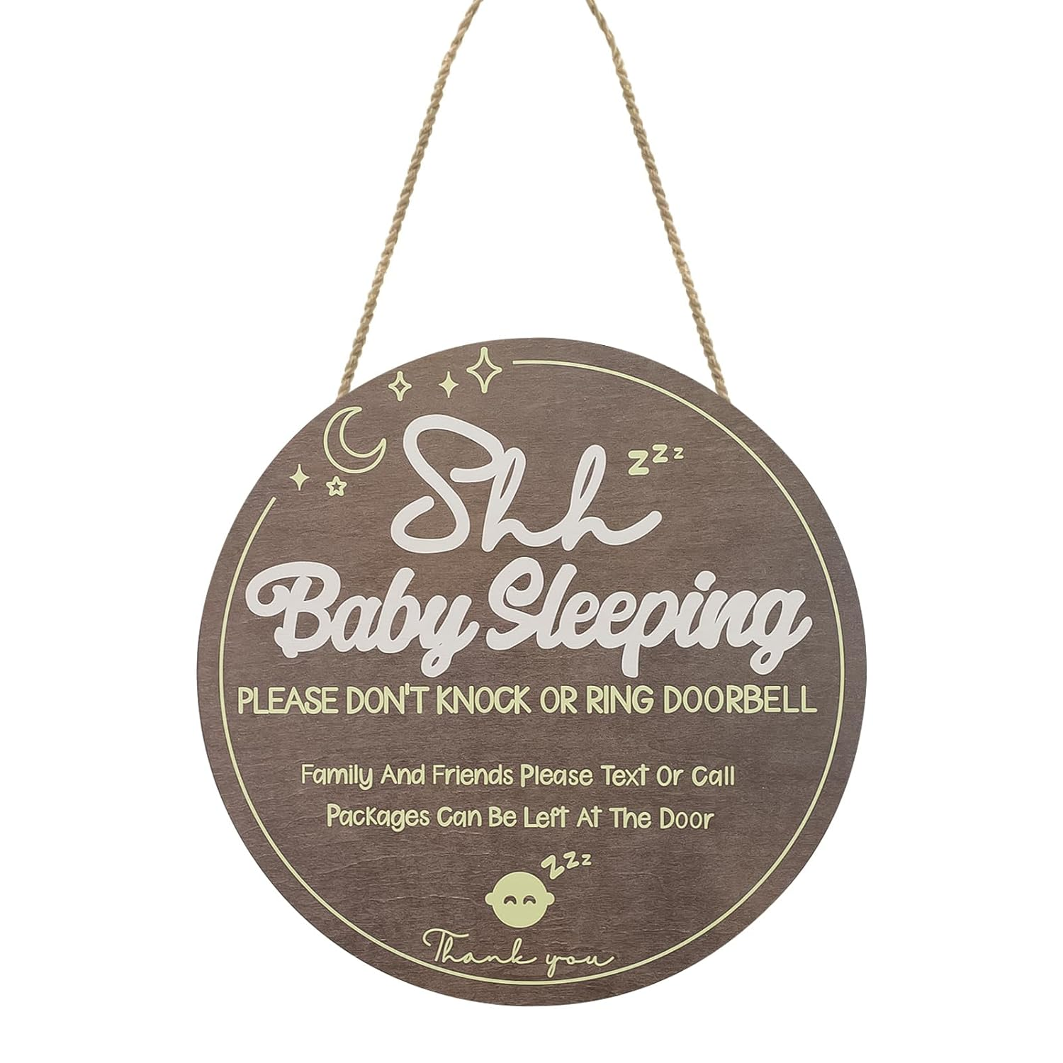 Wooden Shh Baby Sleeping Sign for Front Door, Hanging Do Not Knock or Ring Doorbell Sign with Rope, Rustic Front Porch Decorations Outdoor for Home Bedroom Nursery Wall (Brown) image number 5