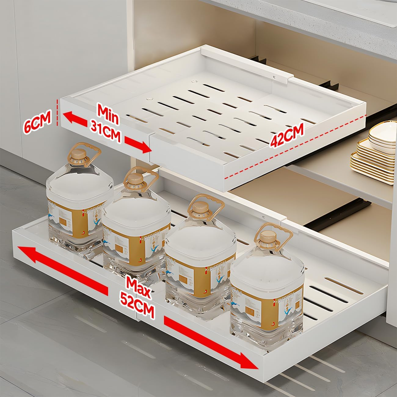 Aumerage Expandable Cabinet Organizer - Pull Out Drawers with Adhesive Mount, Adjustable Width 32-52Cm, Slide Out Storage for Kitchen Cabinets（Whinte 2PCS） image number 2