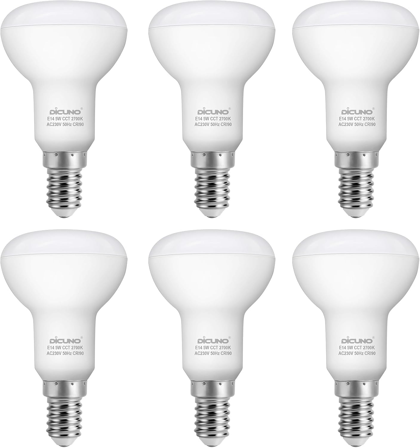 Dicuno E14 LED Light Bulb, R50 Reflector Bulbs 5W, 550LM, 50W Equivalent, Warm White 2700K, SES LED Spotlight, CRI90, Non-Dimmable, Pack of 6