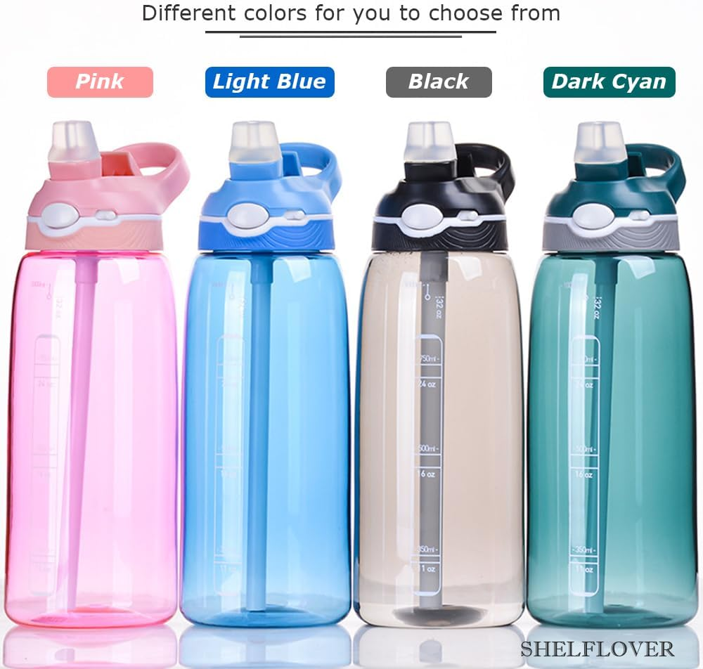 1000Ml Black Water Bottle with Straw, BPA FREE Clear Bottle with Handle One Hand Use Easy Carried, Flip Up, Suit School, Office, Gym, Office for Women Men image number 1