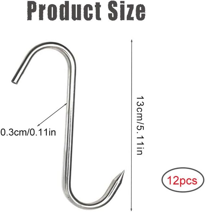 WADY Meat Hooks, 12Pcs Premium Stainless Steel Butcher Hook Smoking Hooks,Meat Processing for for Hot and Cold Smoking,Chicken Hunting Smoking Ribs,Hanging,Drying,Bbq,Grilling (5.1Inch/13Cm)