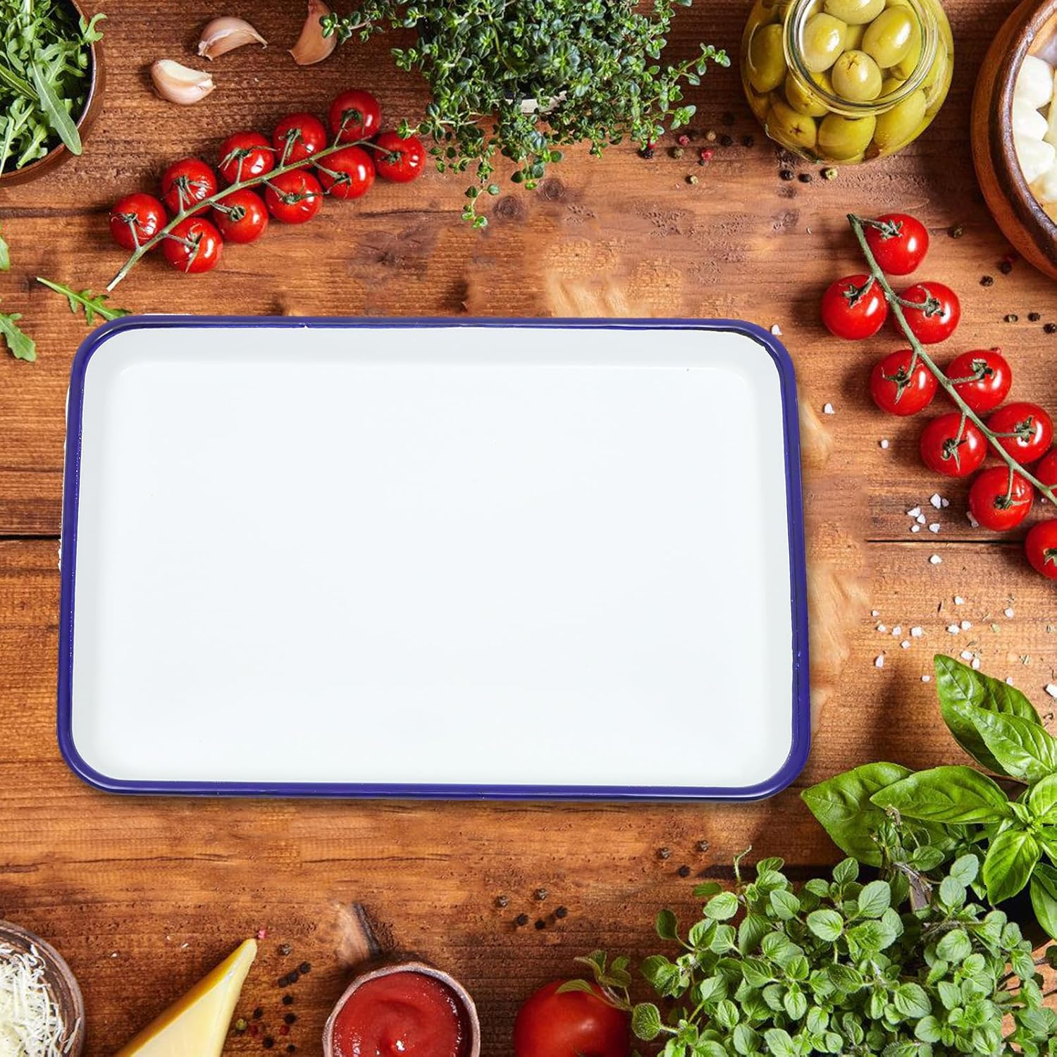 DECHOUS Enamelware Collection White Enamel Baking Cookie Sheet Pan with Blue Rim Rectangular Serving Tray Butcher Tray Dish 26X18Cm for Home Kitchen